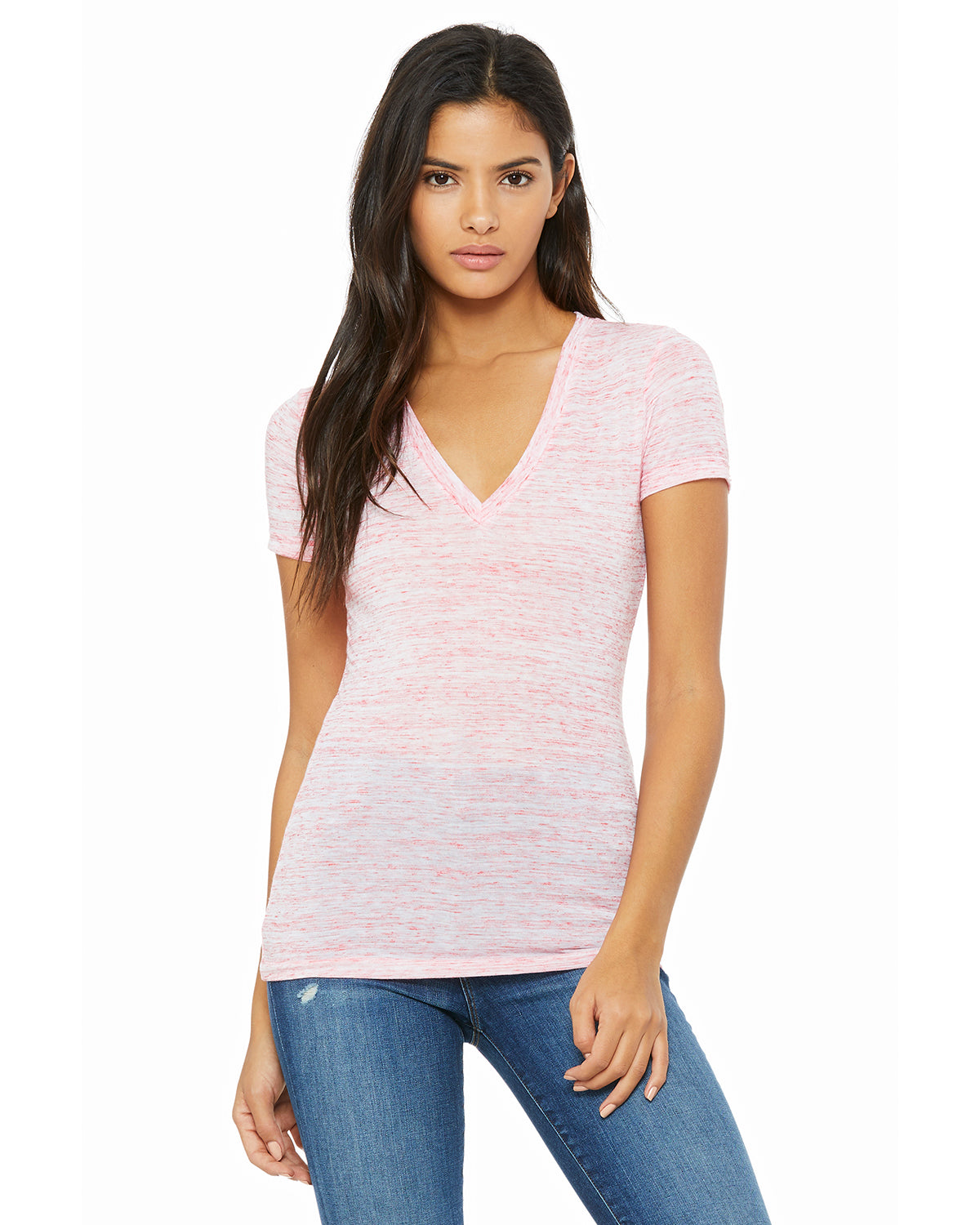 Ladies' Jersey Short-Sleeve Deep V-Neck T-Shirt - Red Marble
