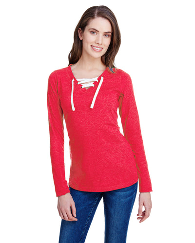 Women's Long Sleeve Fine Jersey Lace-Up T-Shirt - Vintage Red / White