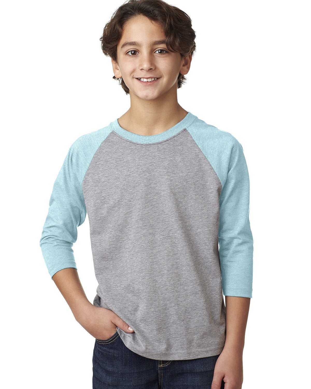 Youth CVC 3/4-Sleeve Raglan - Ice Blue / Dark Heather Gray