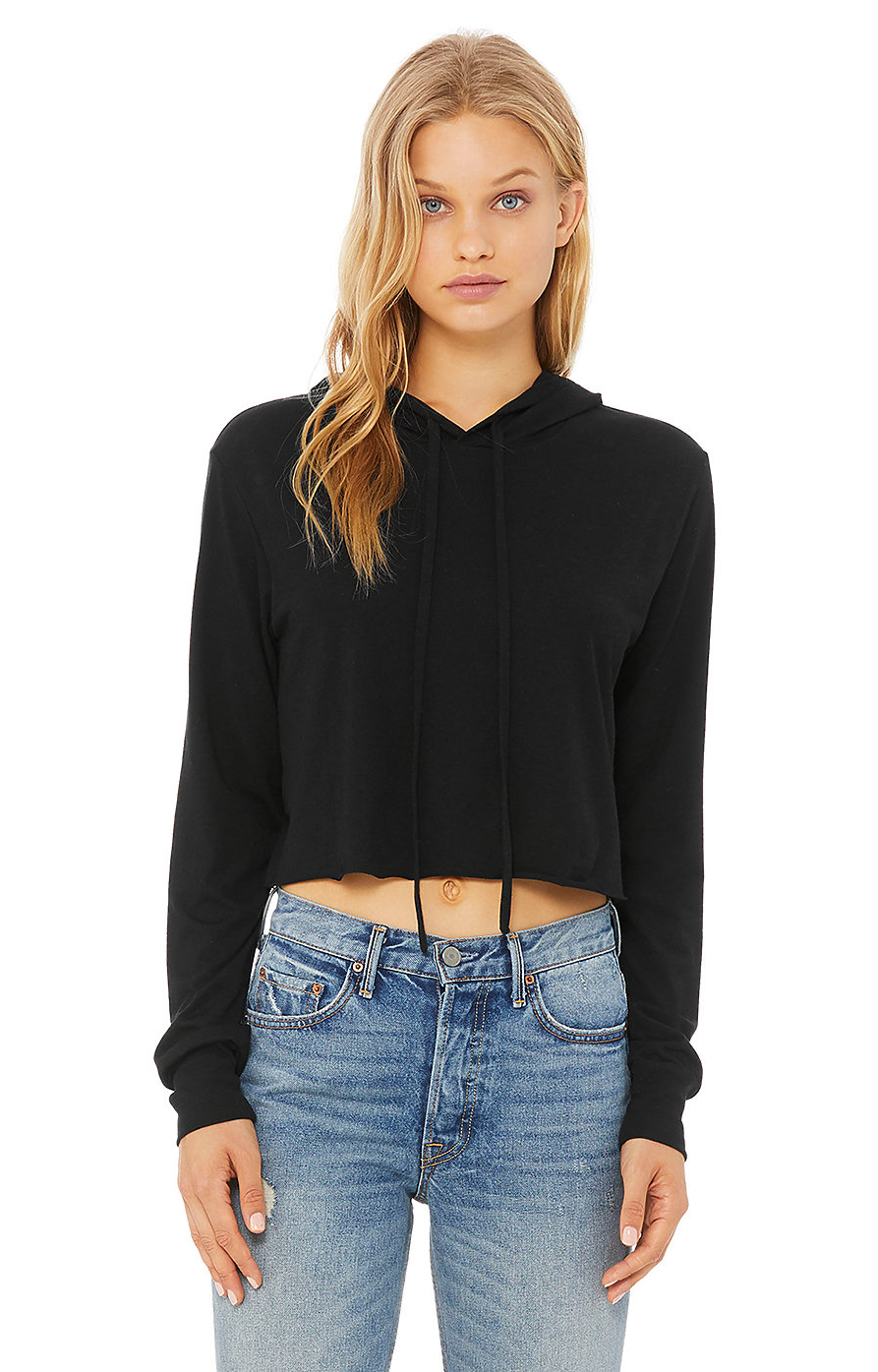 Women's Cropped Long Sleeve Hooded T-Shirt - Solid Black Triblend