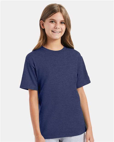 Hanes 498Y Heather Navy — on model front
