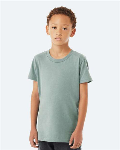 BELLA + CANVAS 3001Y Dusty Blue — on model front
