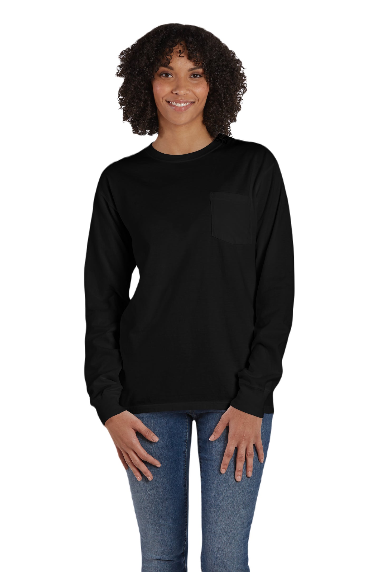 Unisex 100% Ringspun Cotton Garment-Dyed Long-Sleeve T-Shirt with Pocket - Black