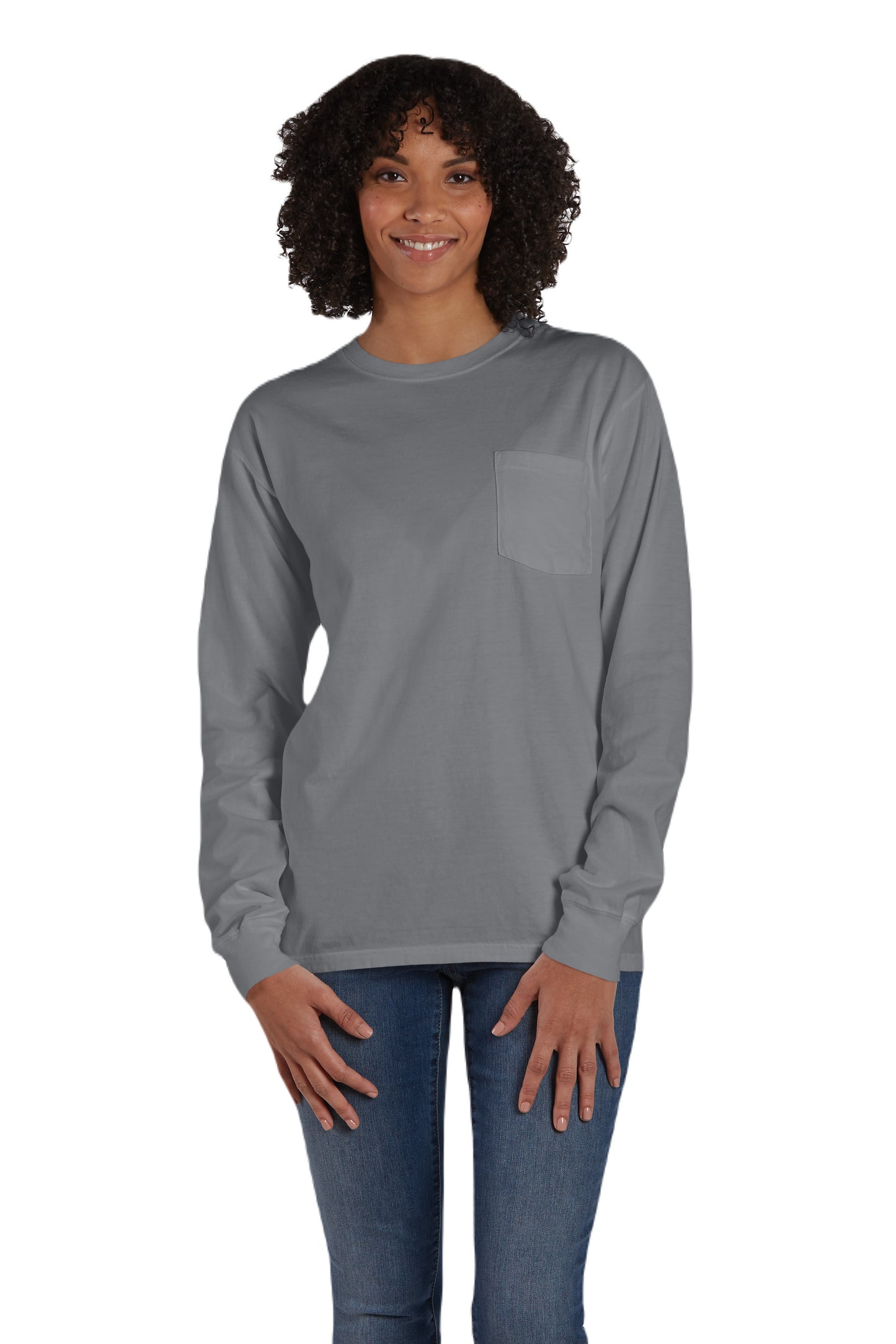 Unisex 100% Ringspun Cotton Garment-Dyed Long-Sleeve T-Shirt with Pocket - Concrete