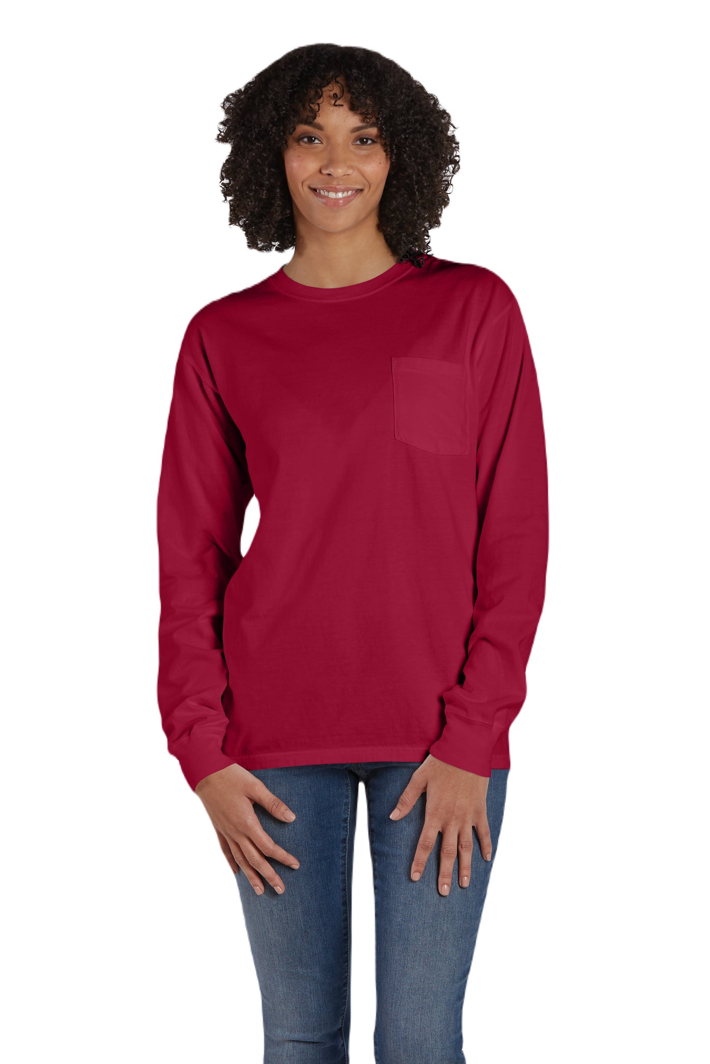 Unisex 100% Ringspun Cotton Garment-Dyed Long-Sleeve T-Shirt with Pocket - Crimson Fall