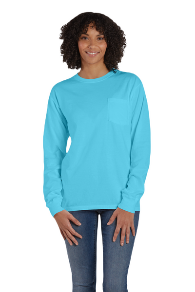 Unisex 100% Ringspun Cotton Garment-Dyed Long-Sleeve T-Shirt with Pocket - Freshwater