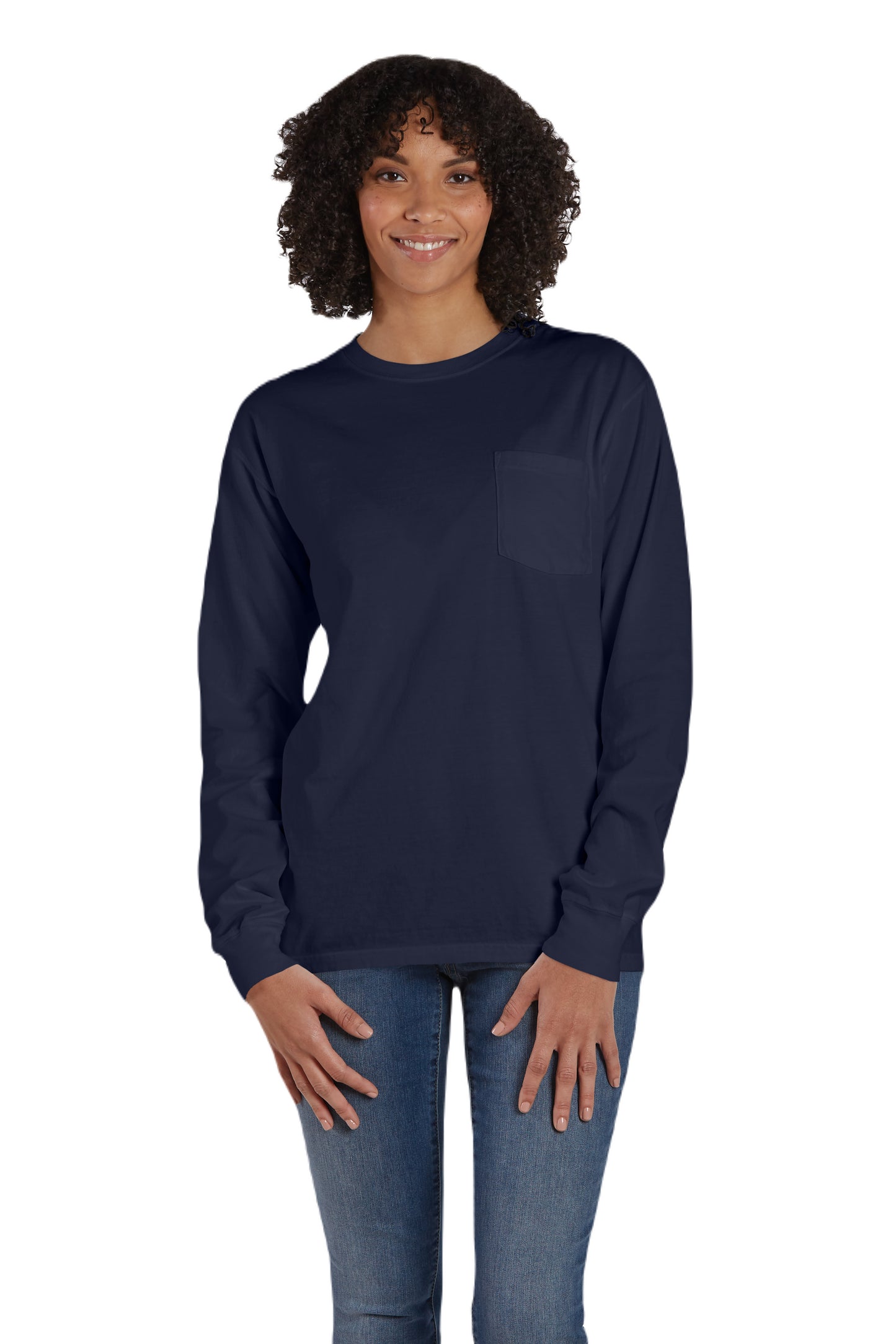 Unisex 100% Ringspun Cotton Garment-Dyed Long-Sleeve T-Shirt with Pocket - Navy