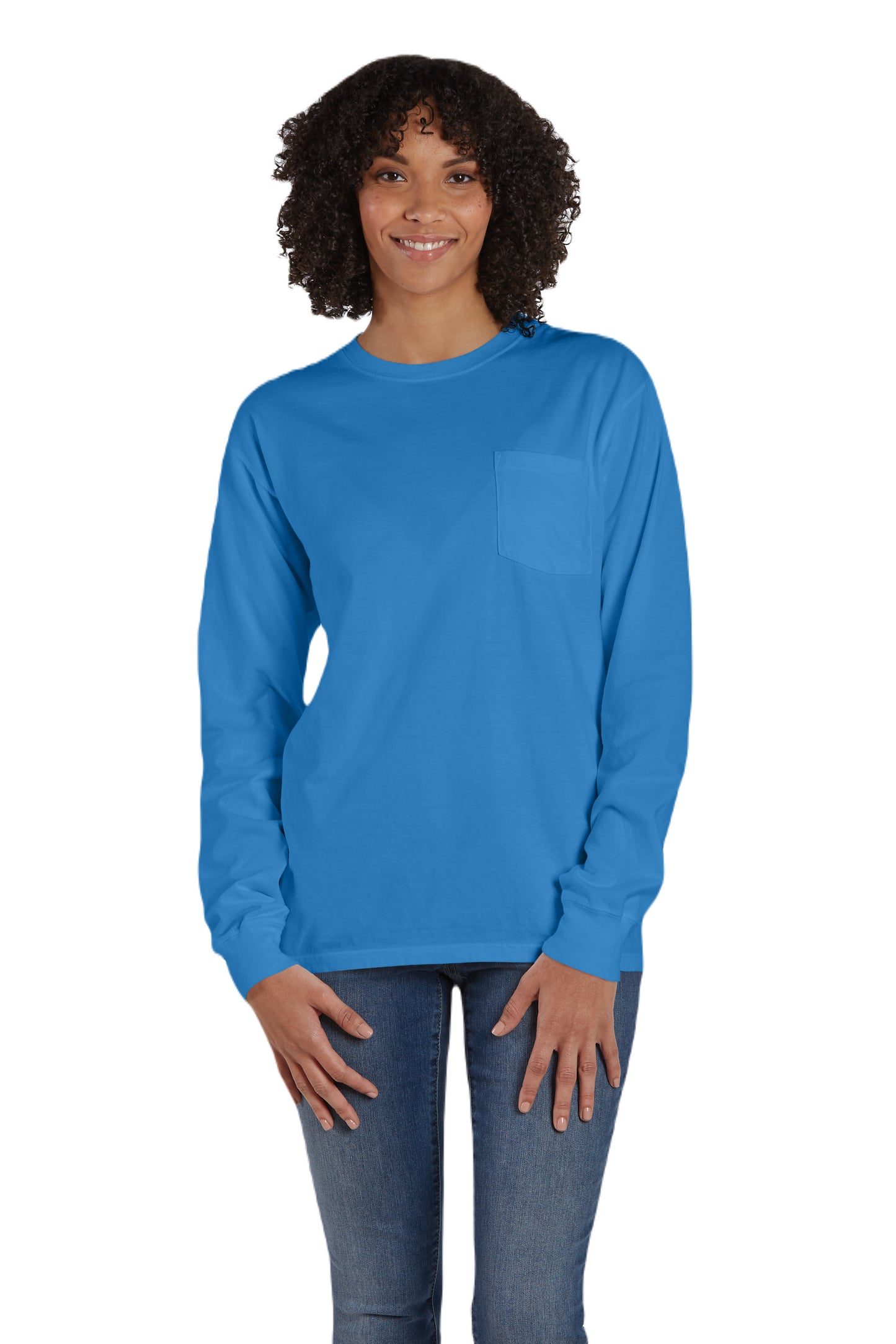 Unisex 100% Ringspun Cotton Garment-Dyed Long-Sleeve T-Shirt with Pocket - Summer Sky