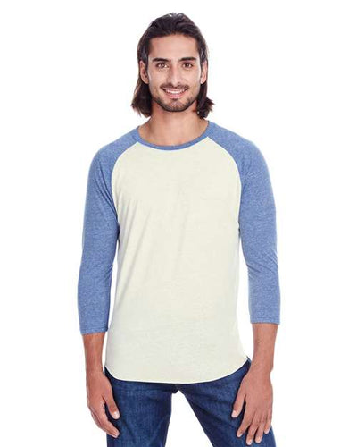 Threadfast Apparel 302G Cream/ Navy Triblend — on model front