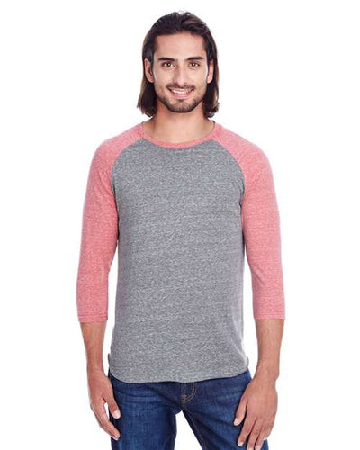 Threadfast Apparel 302G Grey/ Red Triblend — on model front
