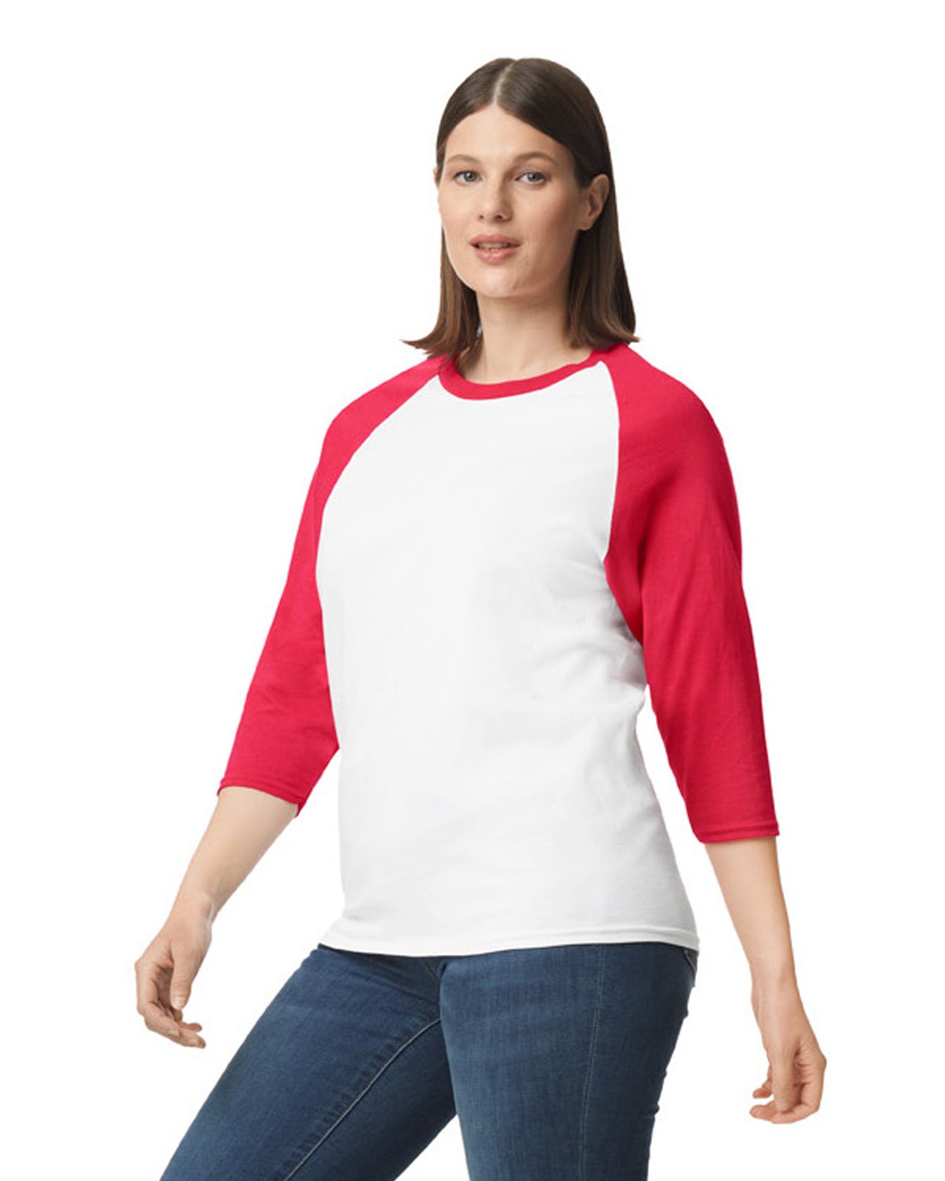 Unisex Heavy Cotton��� 3/4-Raglan Sleeve T-Shirt - White / Red