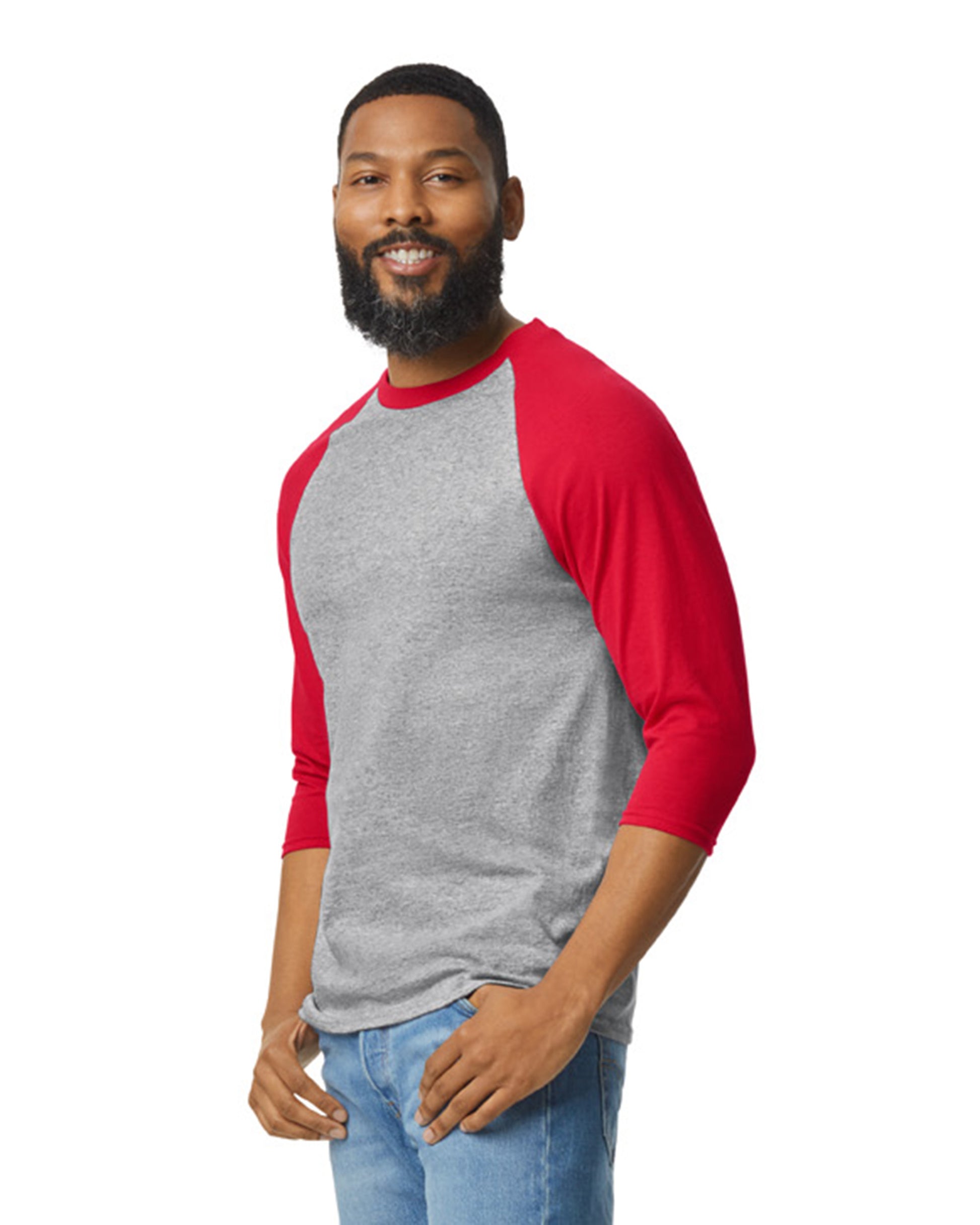 Unisex Heavy Cotton��� 3/4-Raglan Sleeve T-Shirt - Sport Gray / Red