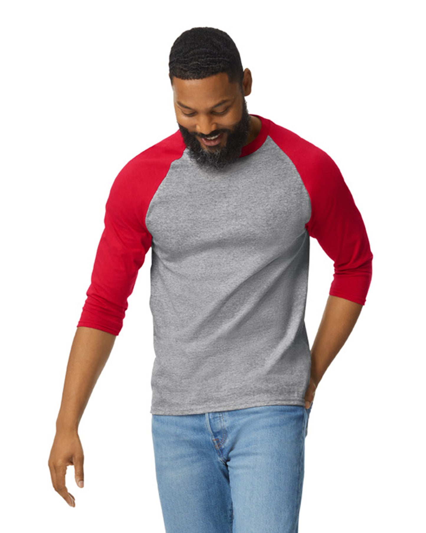 Unisex Heavy Cotton��� 3/4-Raglan Sleeve T-Shirt - Sport Gray / Red