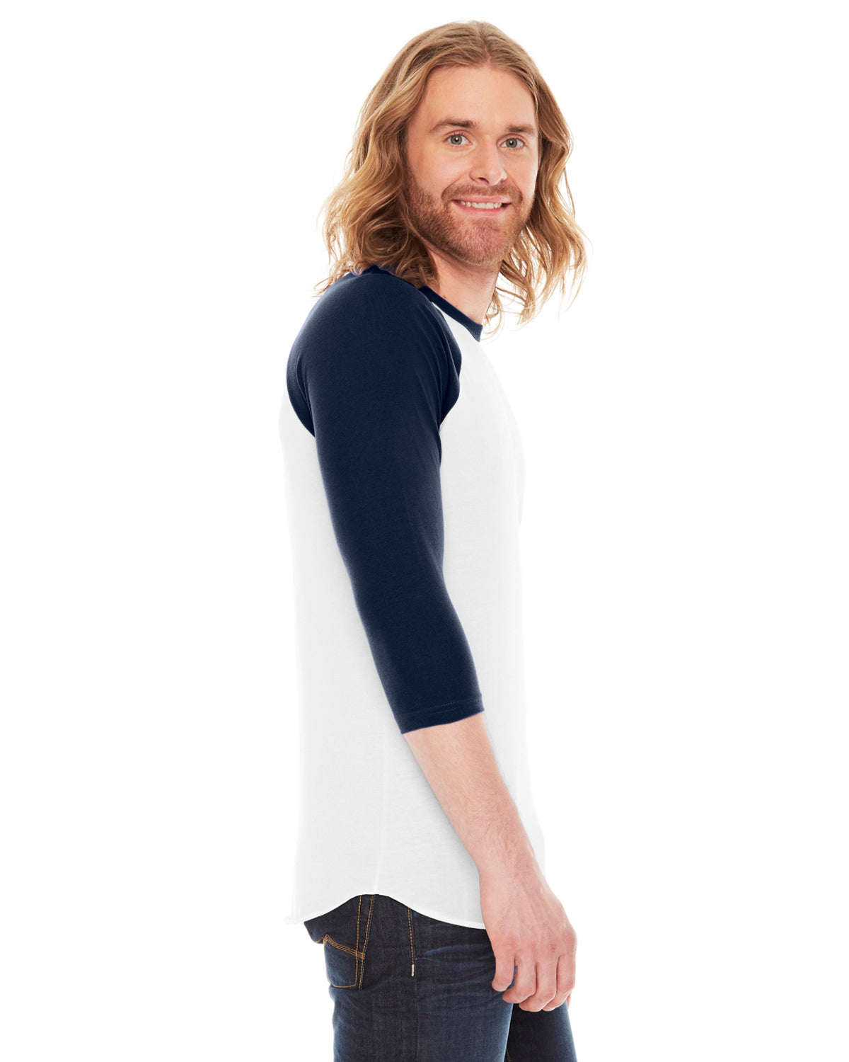 Unisex Poly-Cotton 3/4-Sleeve Raglan T-Shirt - White / Navy