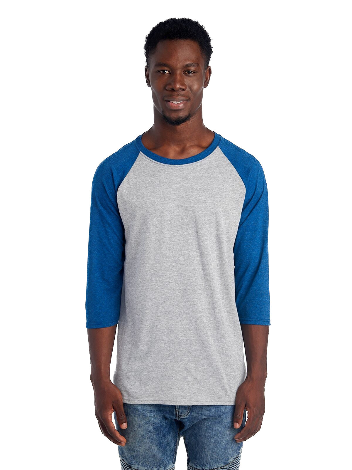 Unisex TRI-BLEND Baseball Raglan - Oxford / True Blue Heather