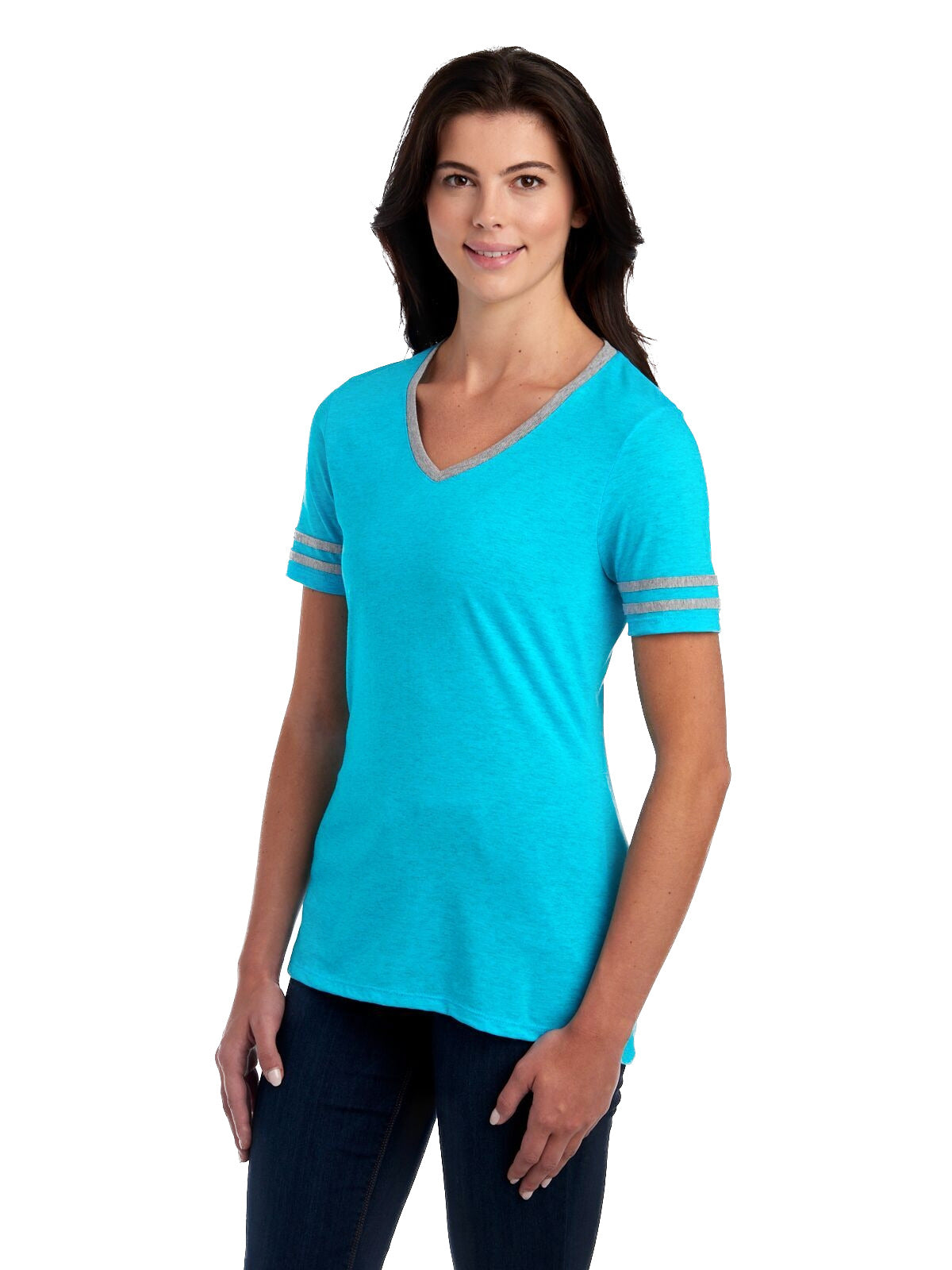 Women's TRI-BLEND Varsity V-Neck T-Shirt - Caribbean Blue Heather / Oxford