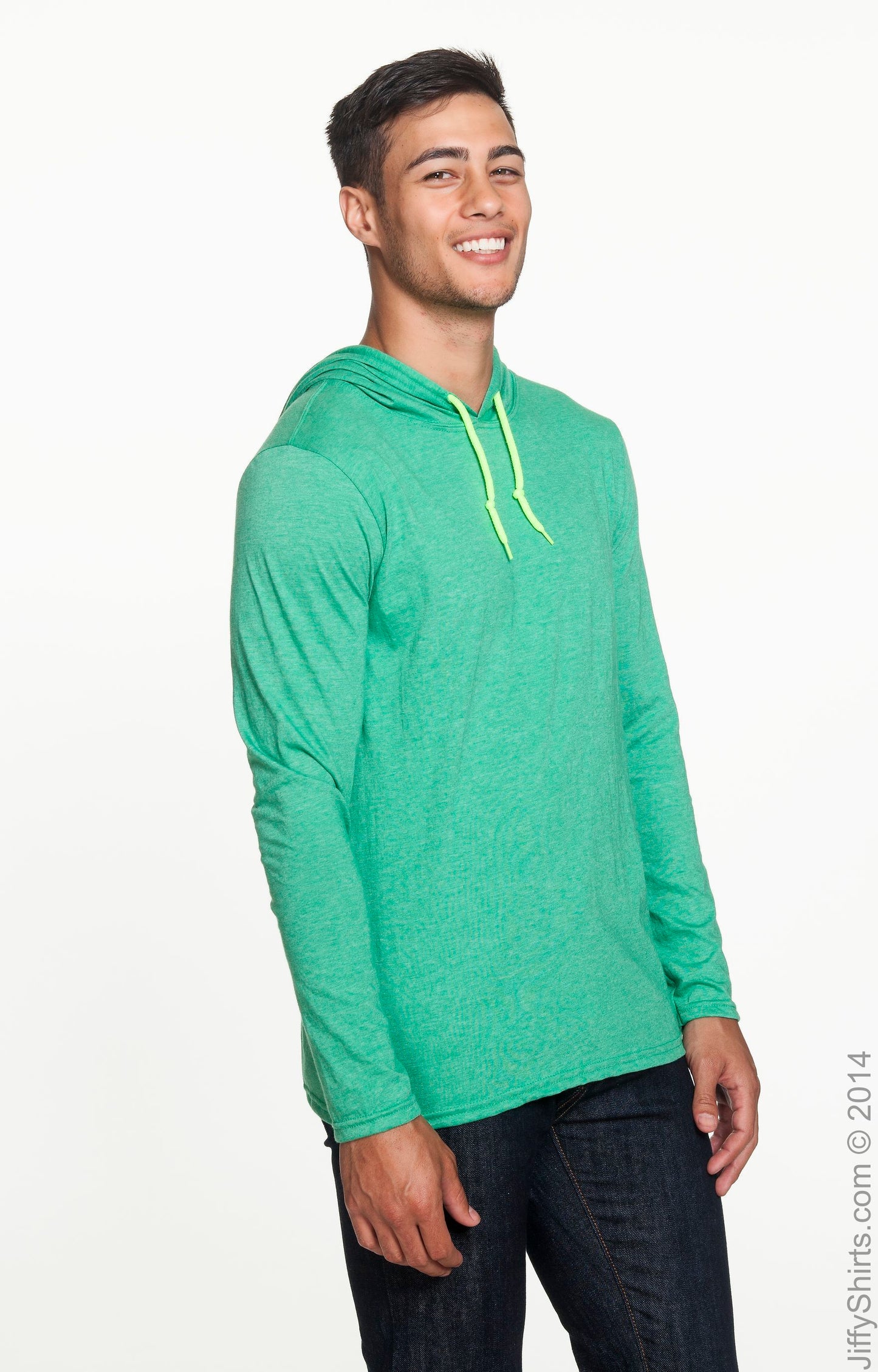 Unisex Lightweight Long-Sleeve Hooded T-Shirt - Heather Green / Neon Yellow