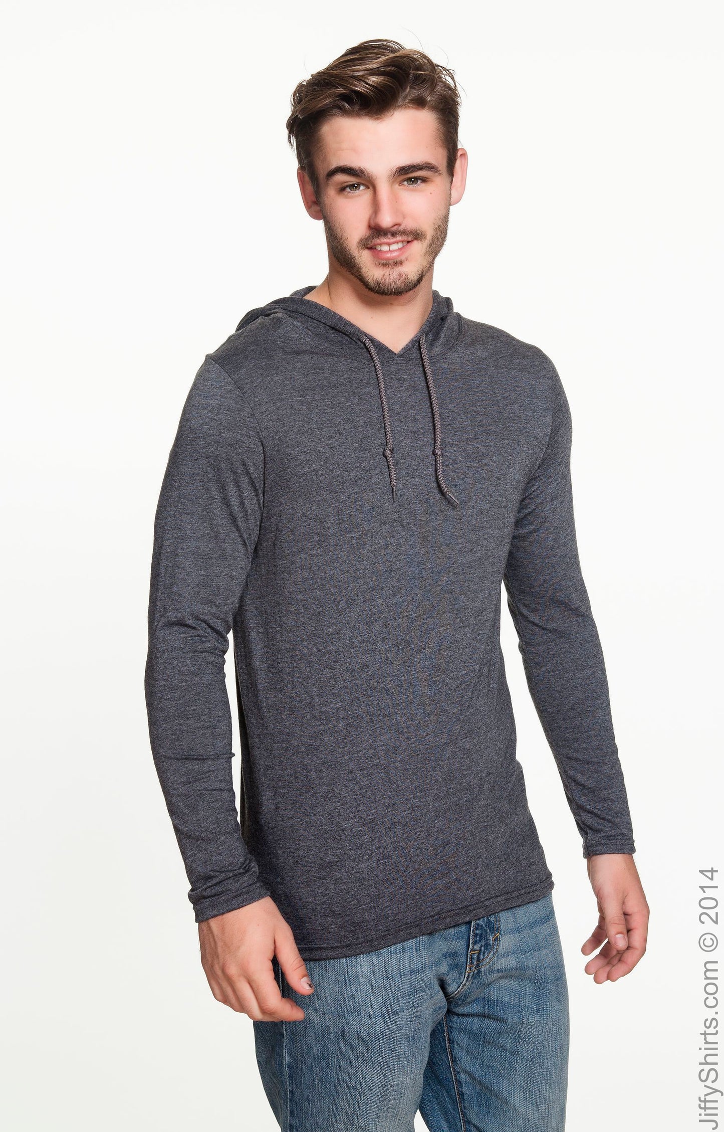 Unisex Lightweight Long-Sleeve Hooded T-Shirt - Heather Dark Gray / Dark Gray