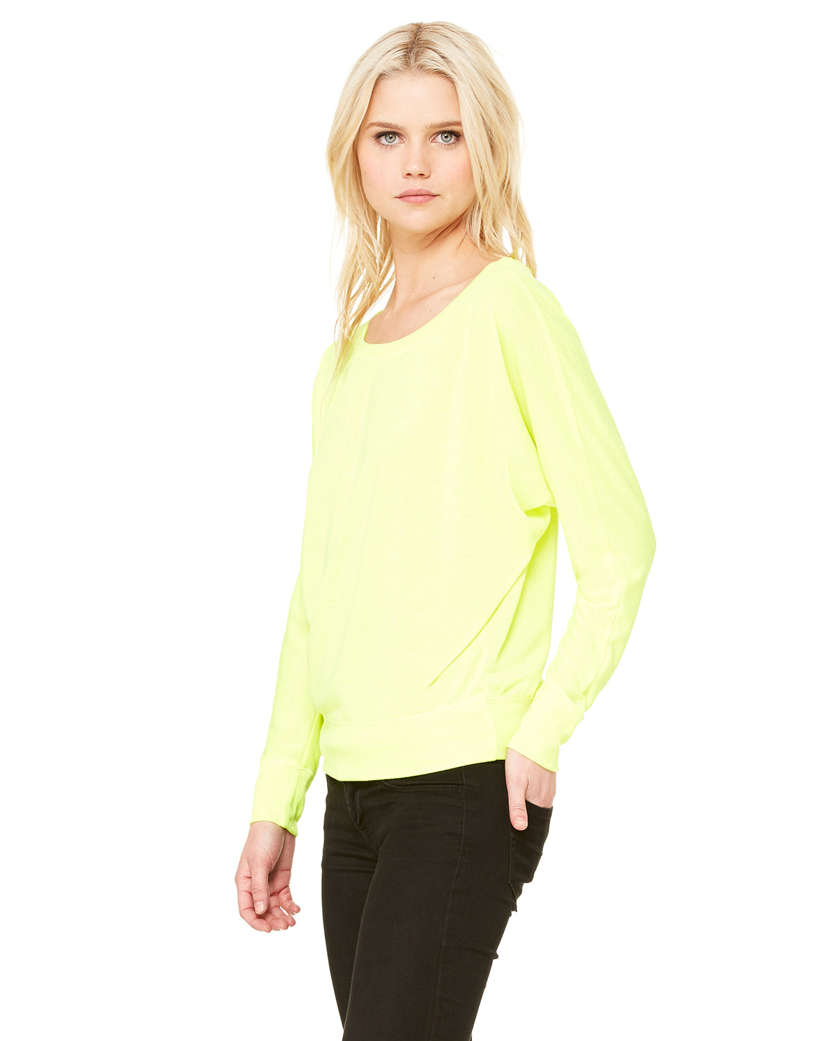 Women's Flowy Long-Sleeve Off Shoulder T-Shirt - Neon Yellow