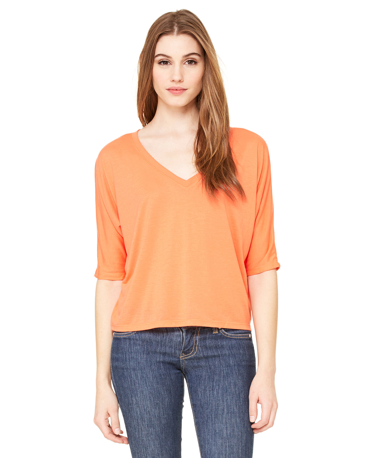 Women's Flowy Boxy Half-Sleeve V-Neck T-Shirt - Coral