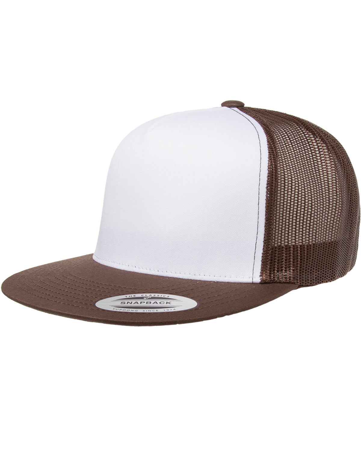 Unisex Classic Flat Bill Trucker with White Front Panel Cap - White / Brown