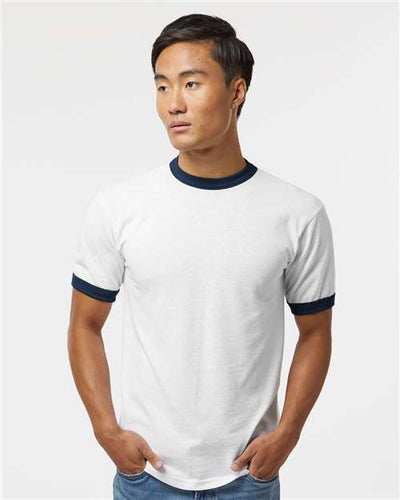 Augusta Sportswear 710 White/ Navy — on model front