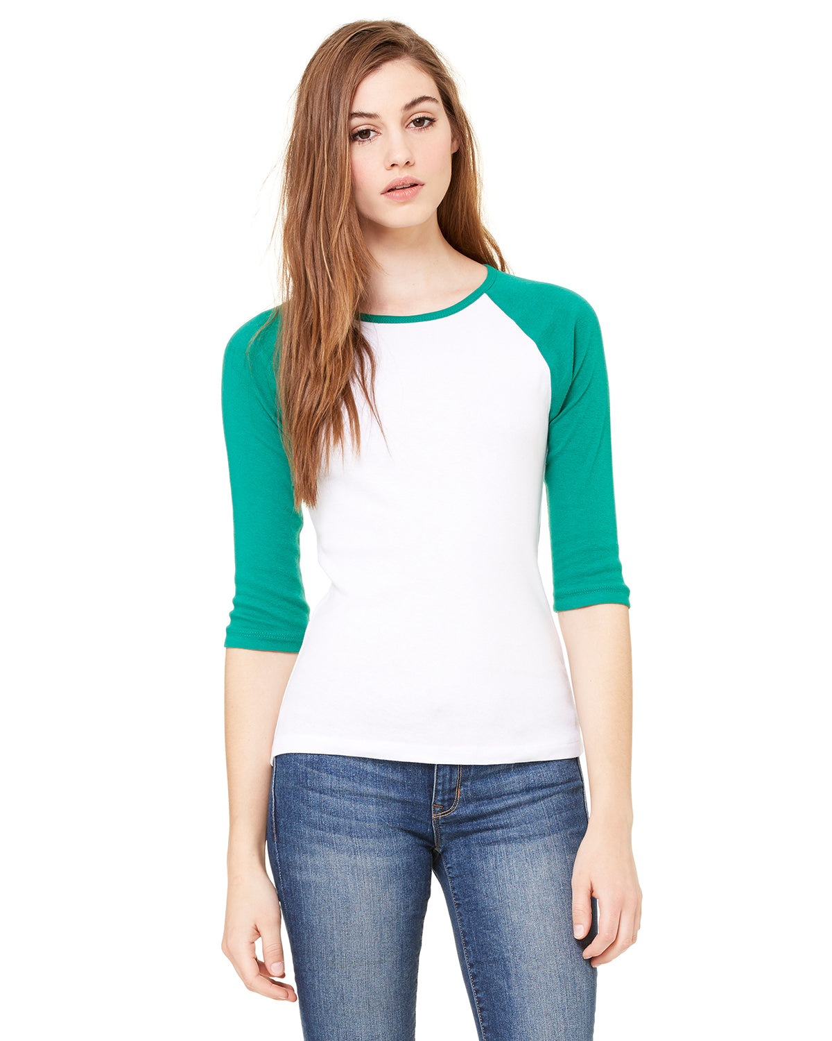 Women's Baby Rib 3/4-Sleeve Contrast Raglan T-Shirt - White / Kelly