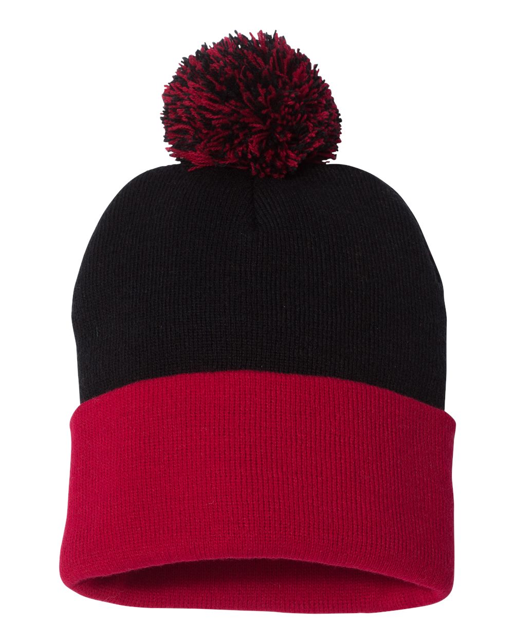 Pom-Pom 12" Knit Beanie - Black / Red