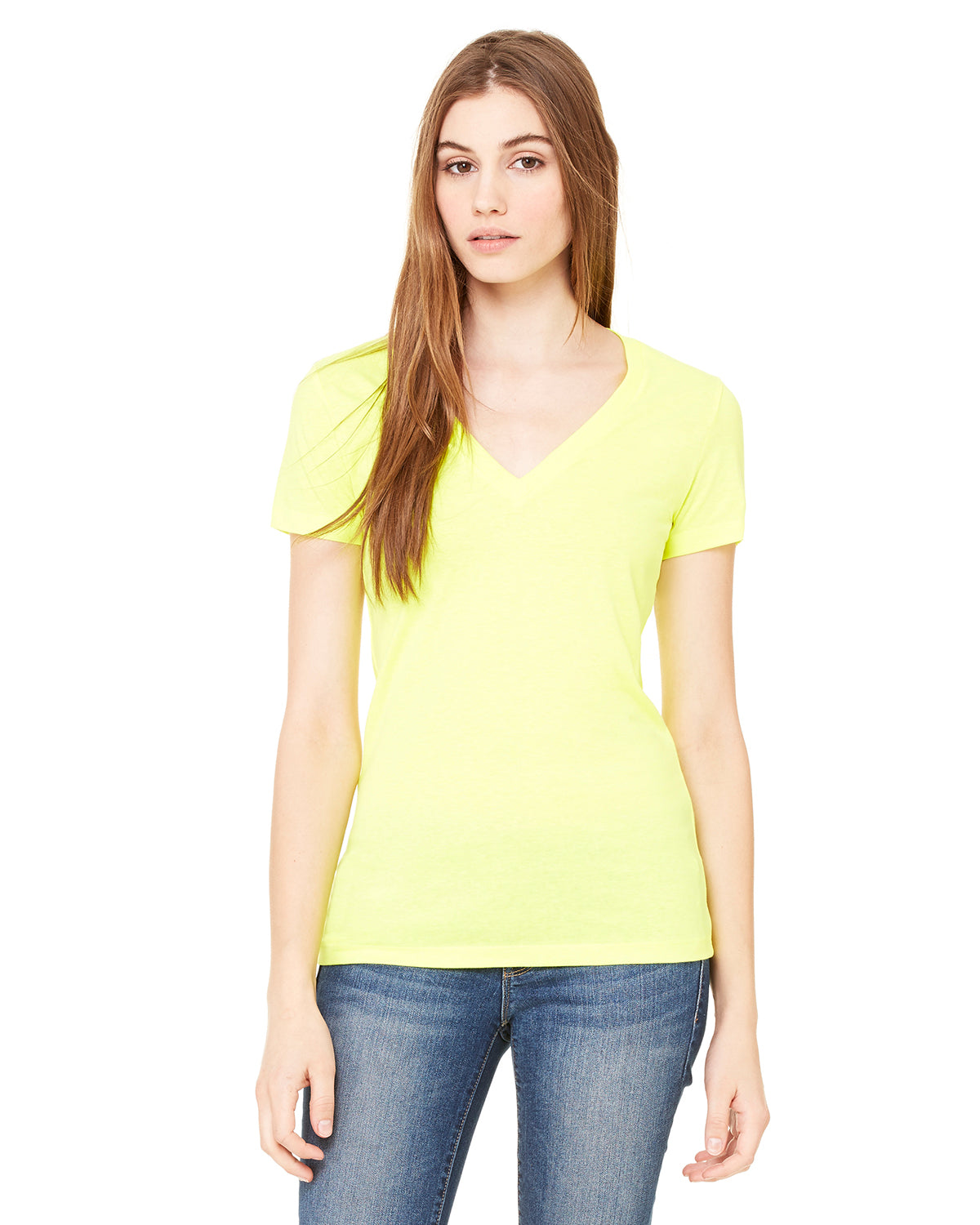 Ladies' Jersey Short-Sleeve Deep V-Neck T-Shirt - Neon Yellow