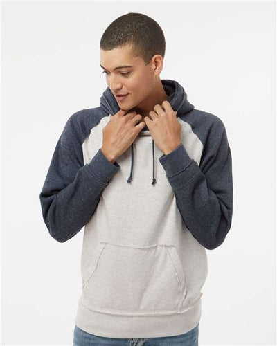 J. America 8885 Oatmeal Heather/ Vintage Navy Heather — on model front