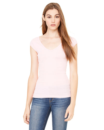 Women's Sheer Mini Rib Cap-Sleeve Deep V-Neck T-Shirt - Pink