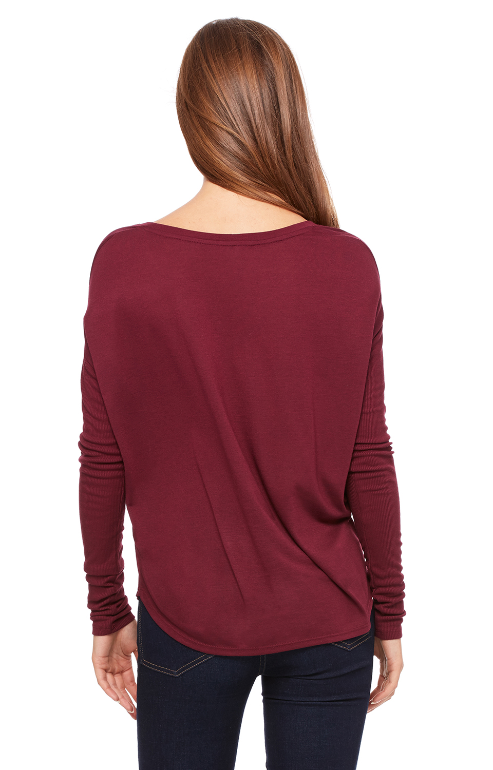 Women's Flowy Long-Sleeve T-Shirt with 2x1 Sleeves - Maroon