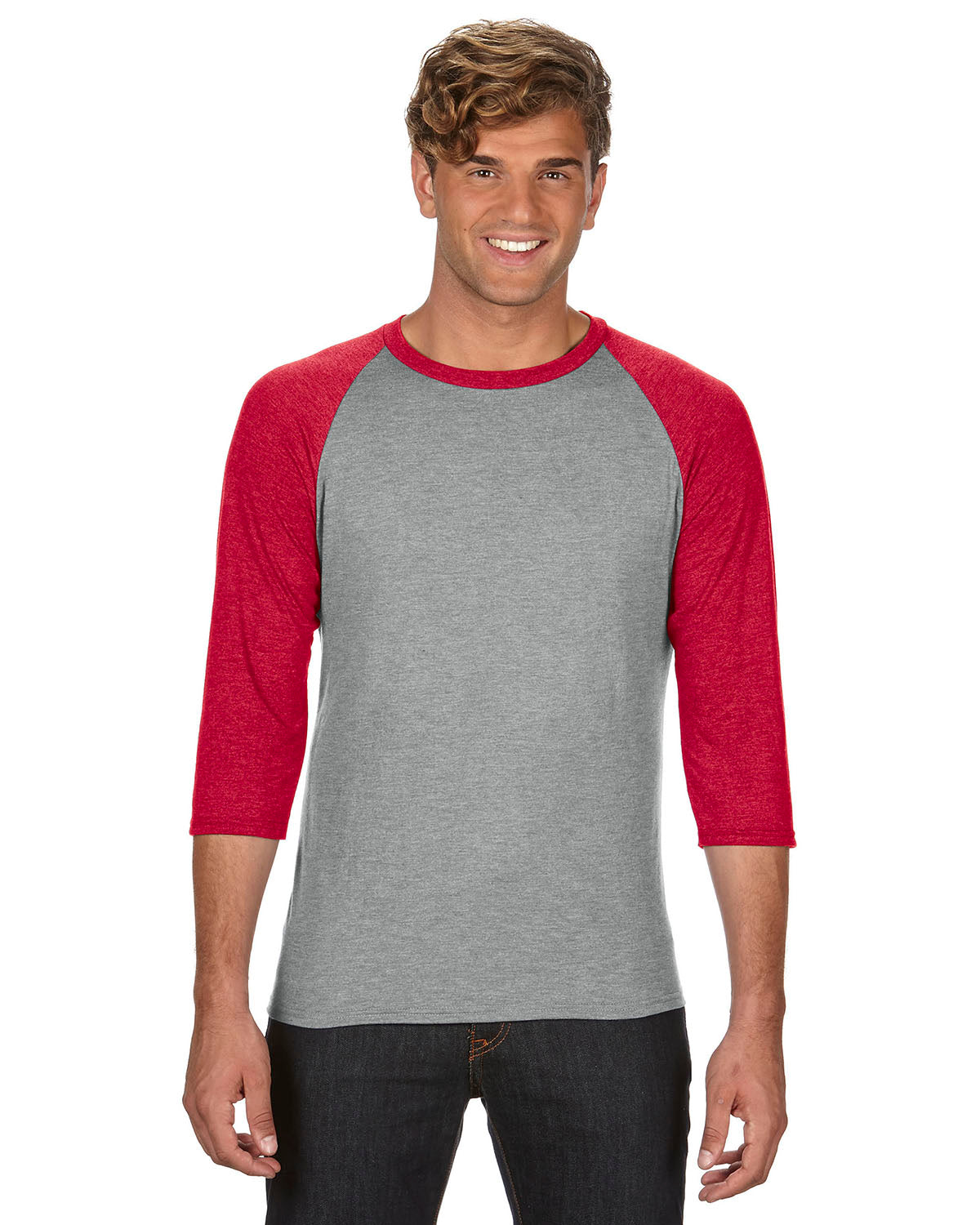 Unisex Triblend 3/4-Sleeve Raglan T-Shirt - Heather Gray / Heather Red