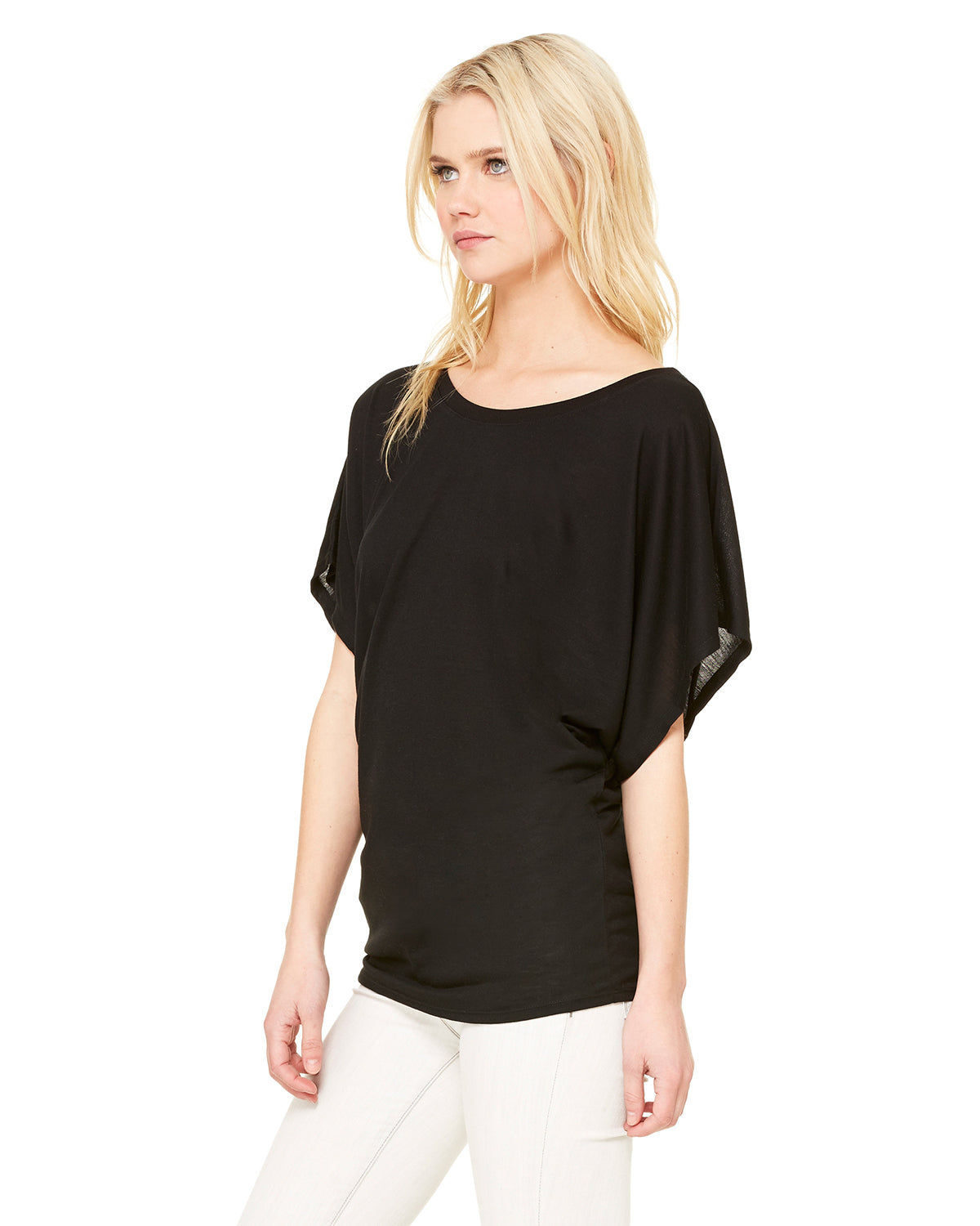 Women's Flowy Draped Sleeve Dolman T-Shirt - Black