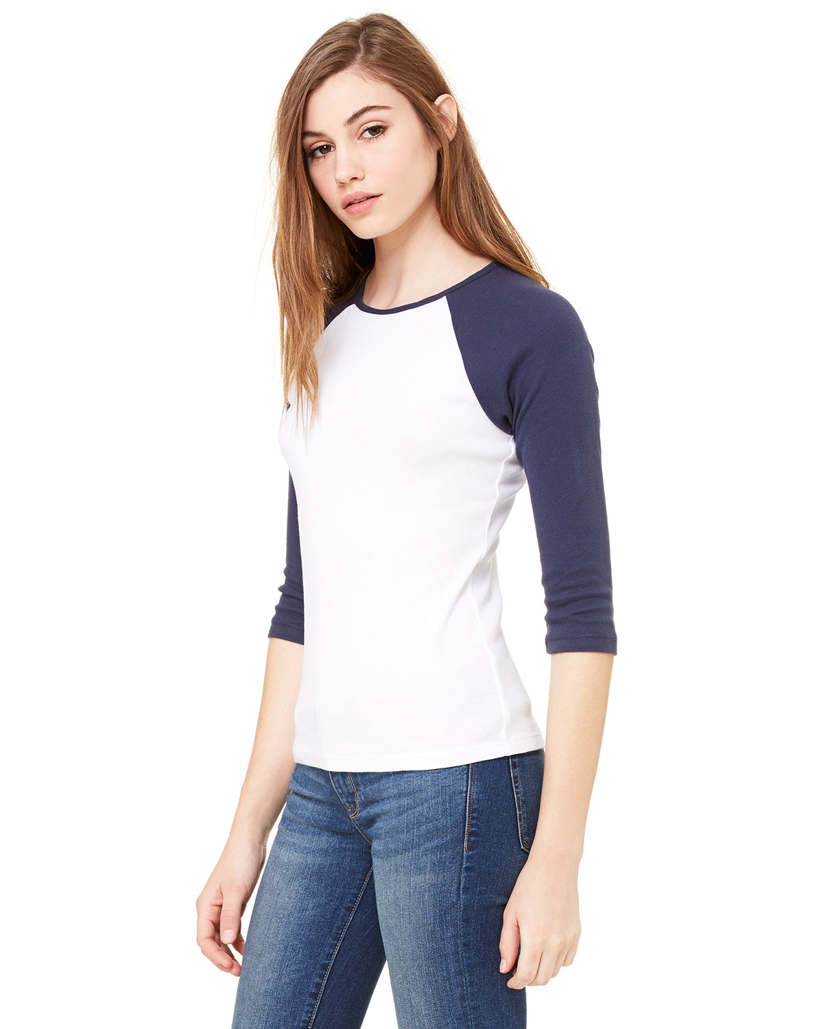 Women's Baby Rib 3/4-Sleeve Contrast Raglan T-Shirt - White / Navy