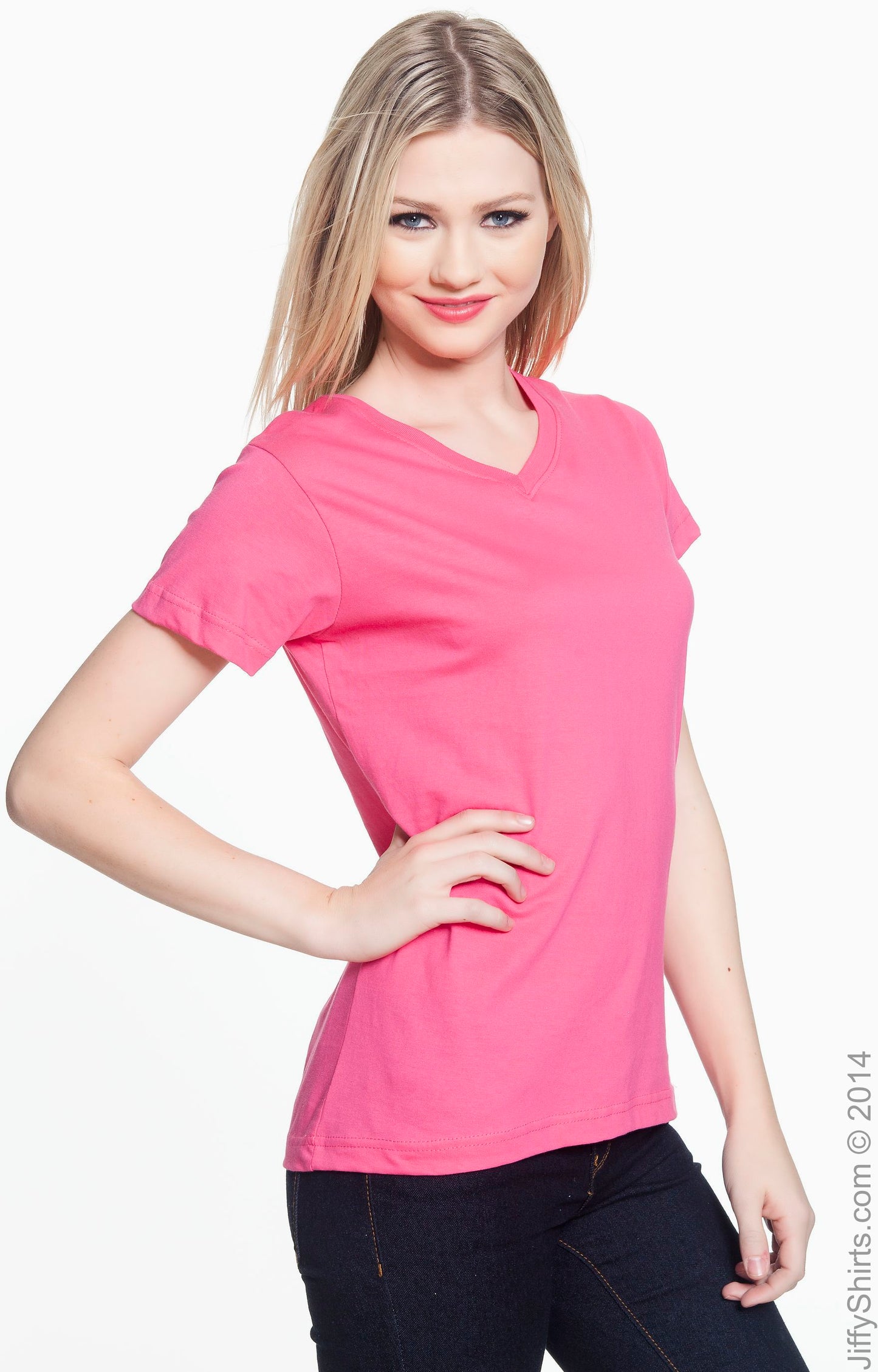 Women's V-Neck Fine Jersey T-Shirt - Hot Pink