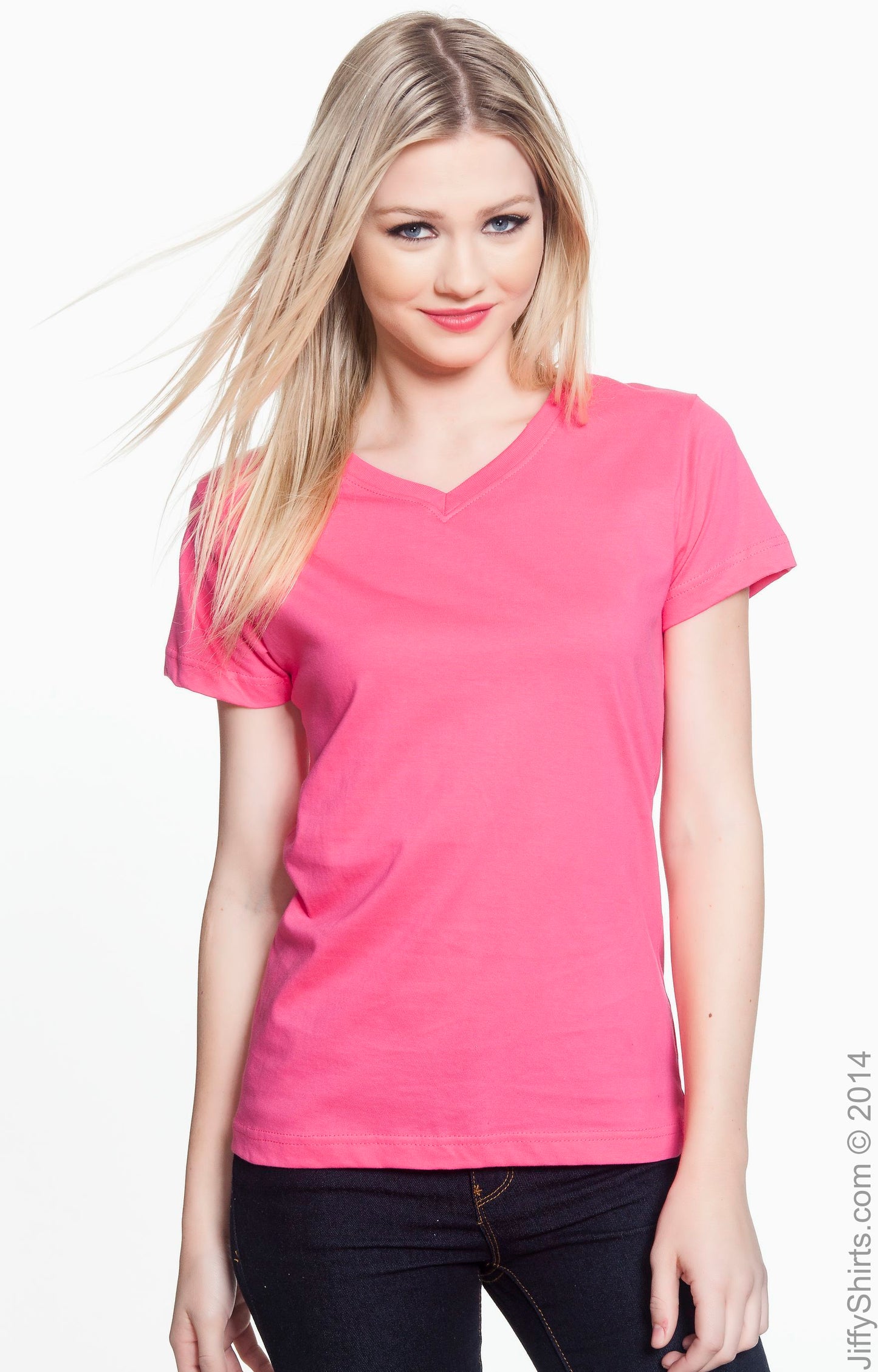Women's V-Neck Fine Jersey T-Shirt - Hot Pink