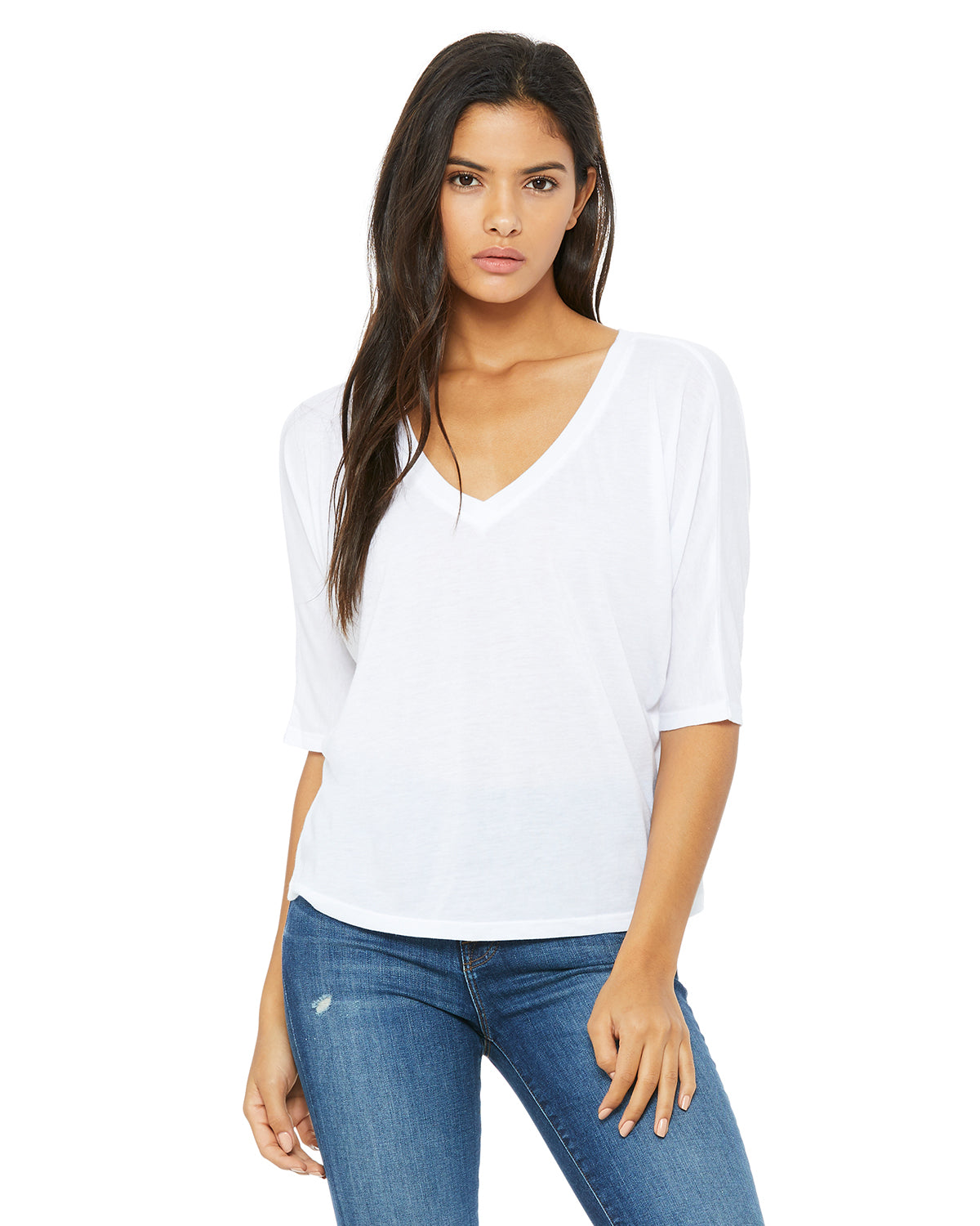 Women's Flowy Boxy Half-Sleeve V-Neck T-Shirt - White