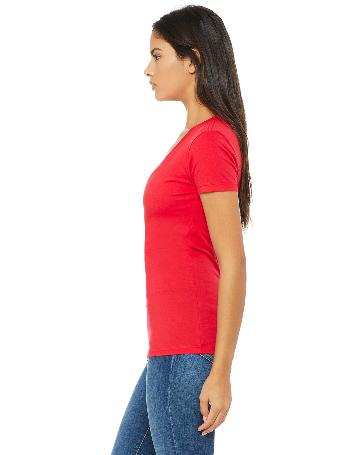 Ladies' Jersey Short-Sleeve Deep V-Neck T-Shirt - Red