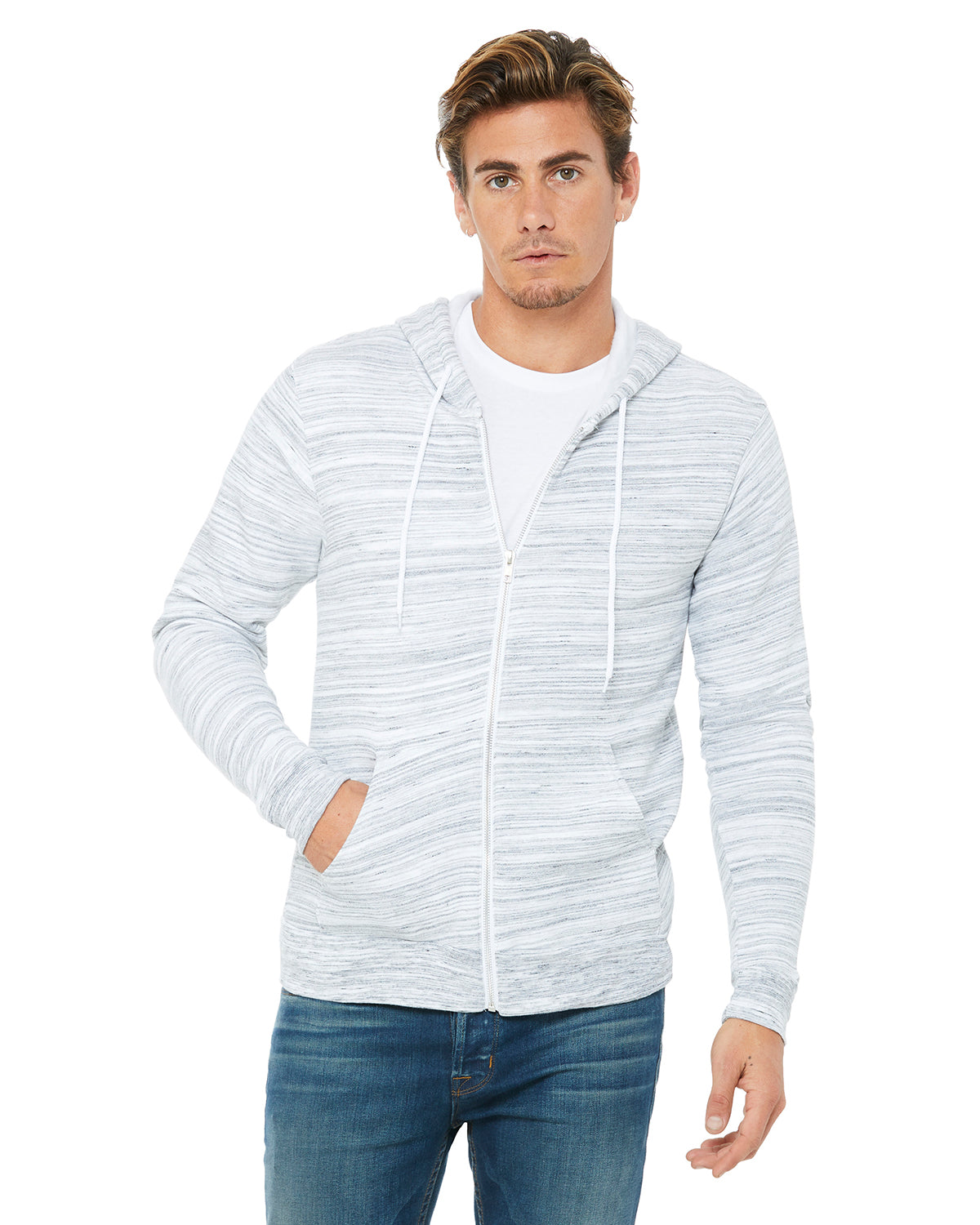 Unisex Poly-Cotton Sponge Fleece Full-Zip Hoodie - Light Gray Marble