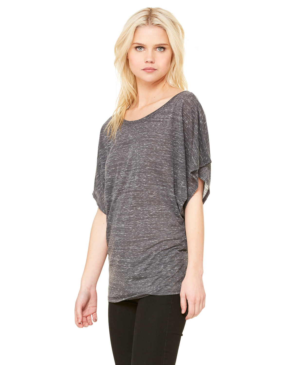 Women's Flowy Draped Sleeve Dolman T-Shirt - Charcoal Marble