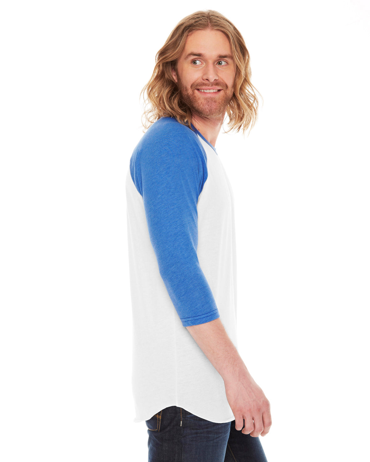 Unisex Poly-Cotton 3/4-Sleeve Raglan T-Shirt - White / Heather Lake Blue