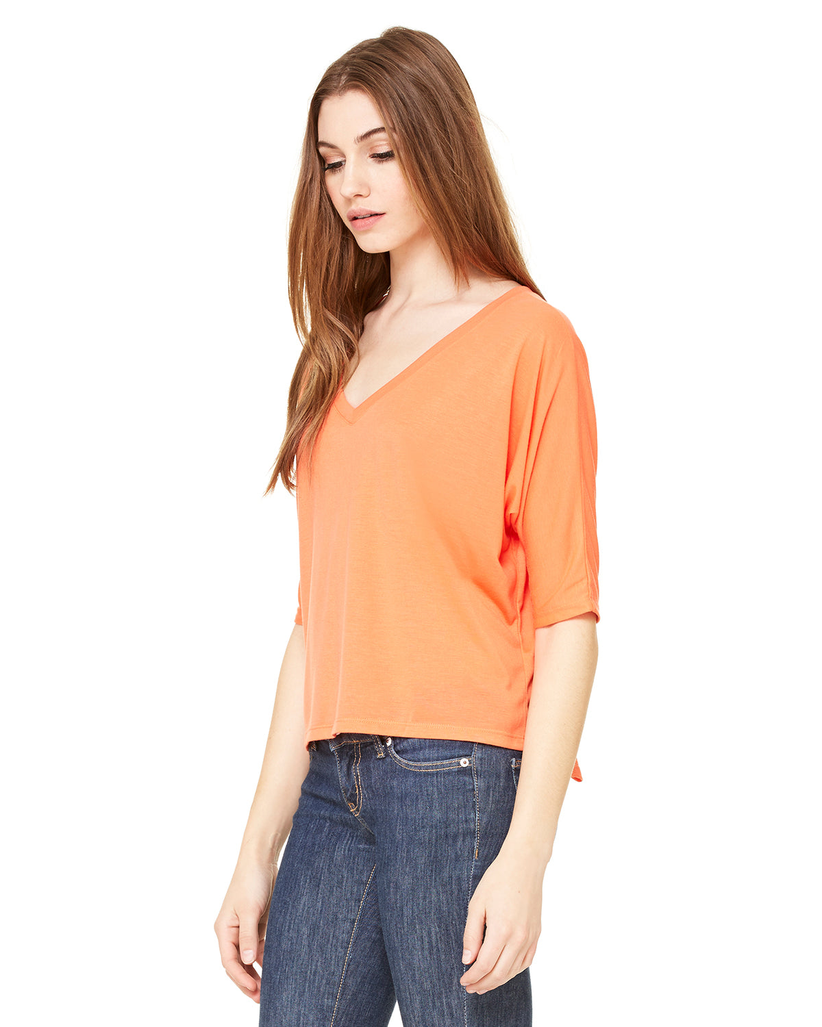 Women's Flowy Boxy Half-Sleeve V-Neck T-Shirt - Coral