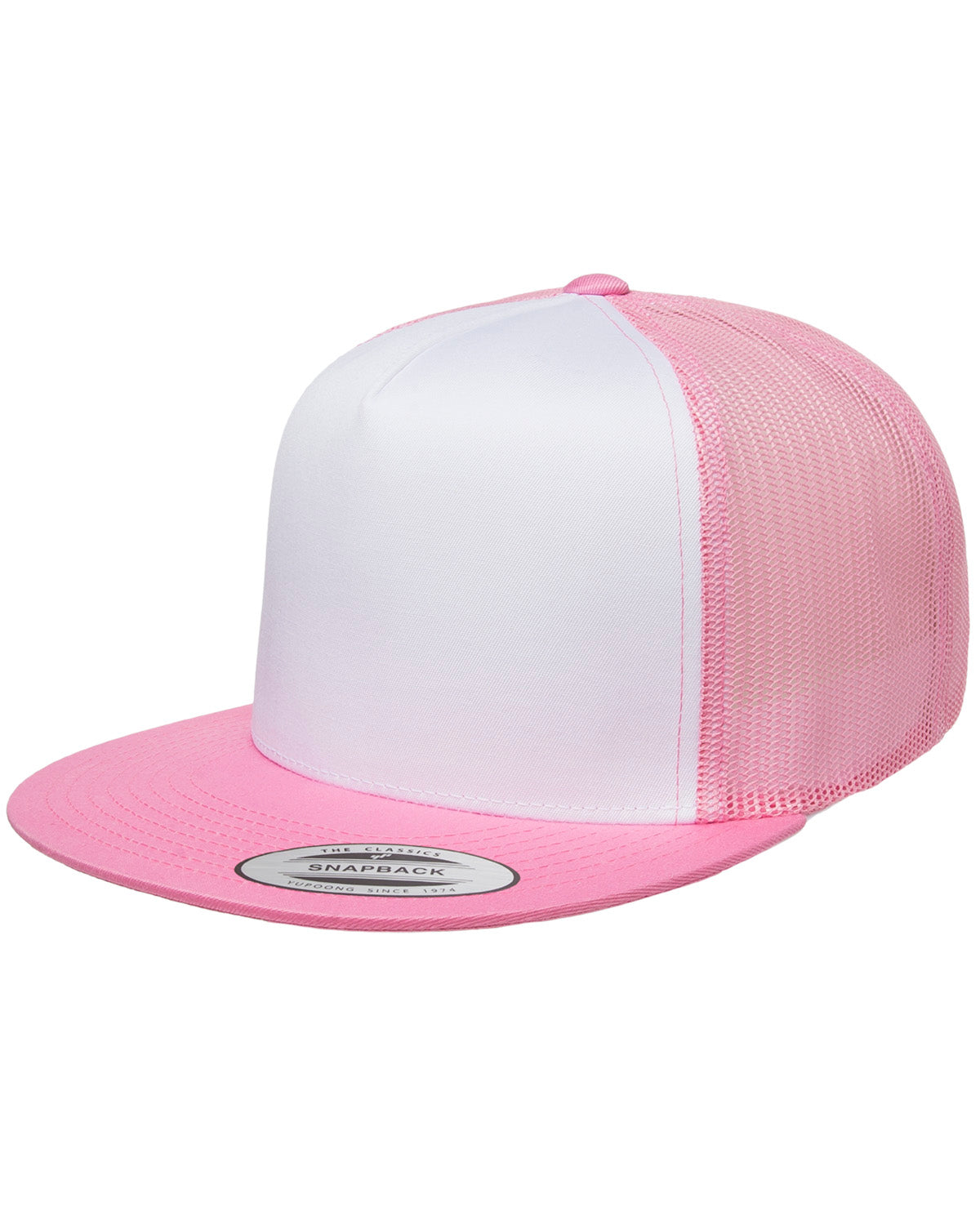 Unisex Classic Flat Bill Trucker with White Front Panel Cap - White / Pink