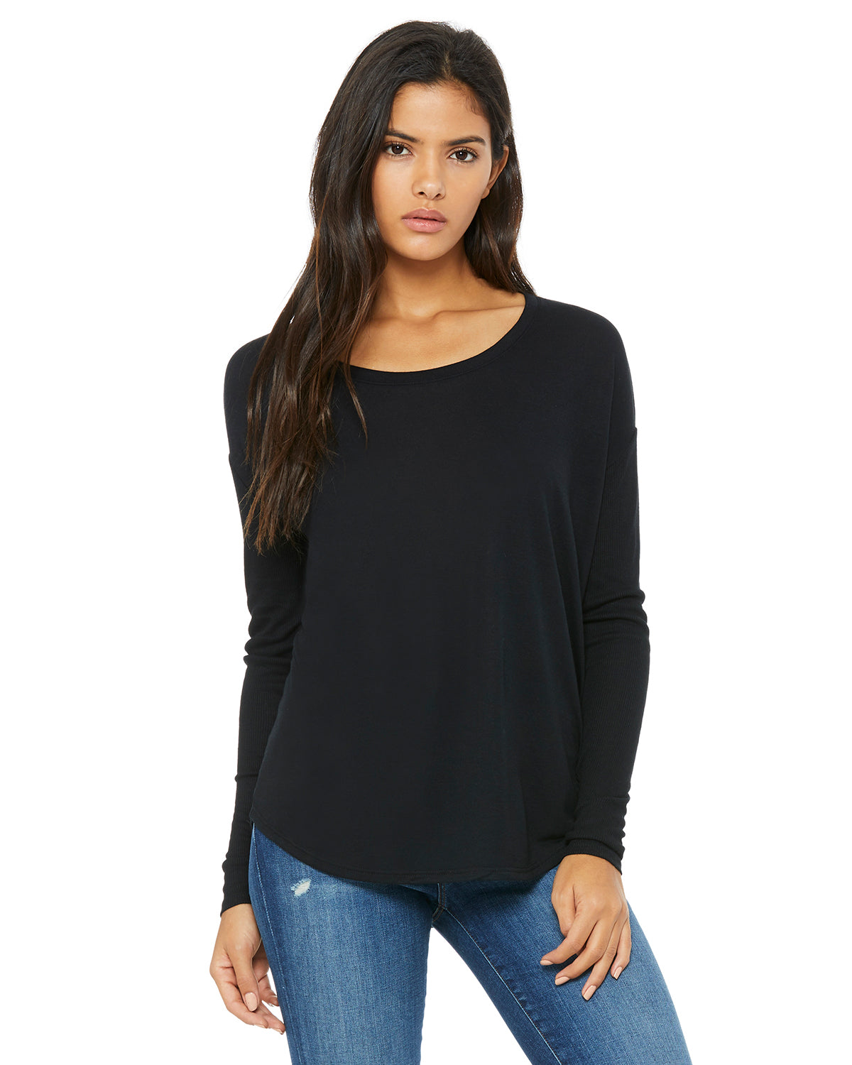 Women's Flowy Long-Sleeve T-Shirt with 2x1 Sleeves - Black