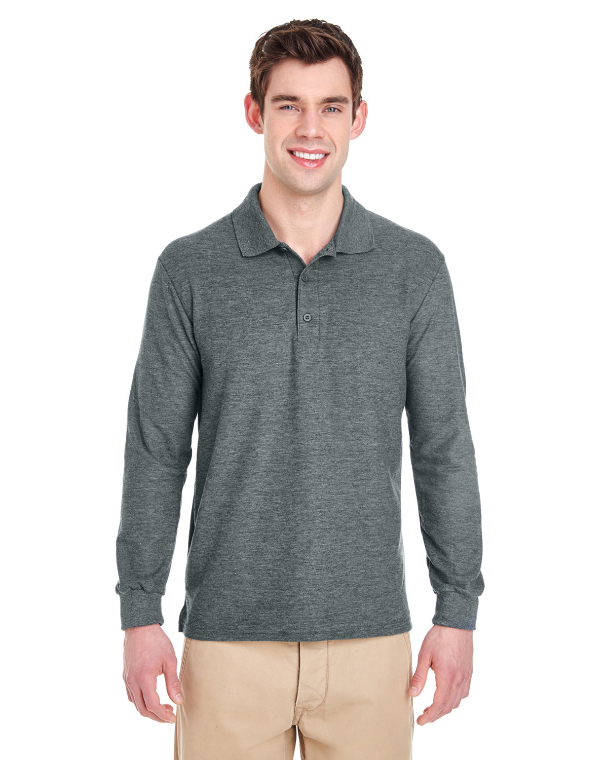 Unisex Double Piqué Long-Sleeve Polo - Dark Heather