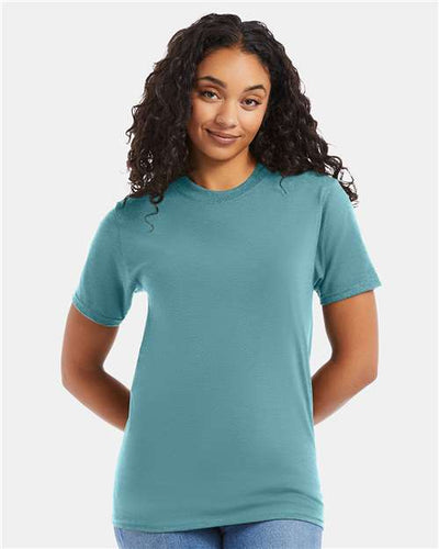 Hanes 5180 Green Clay — on model front