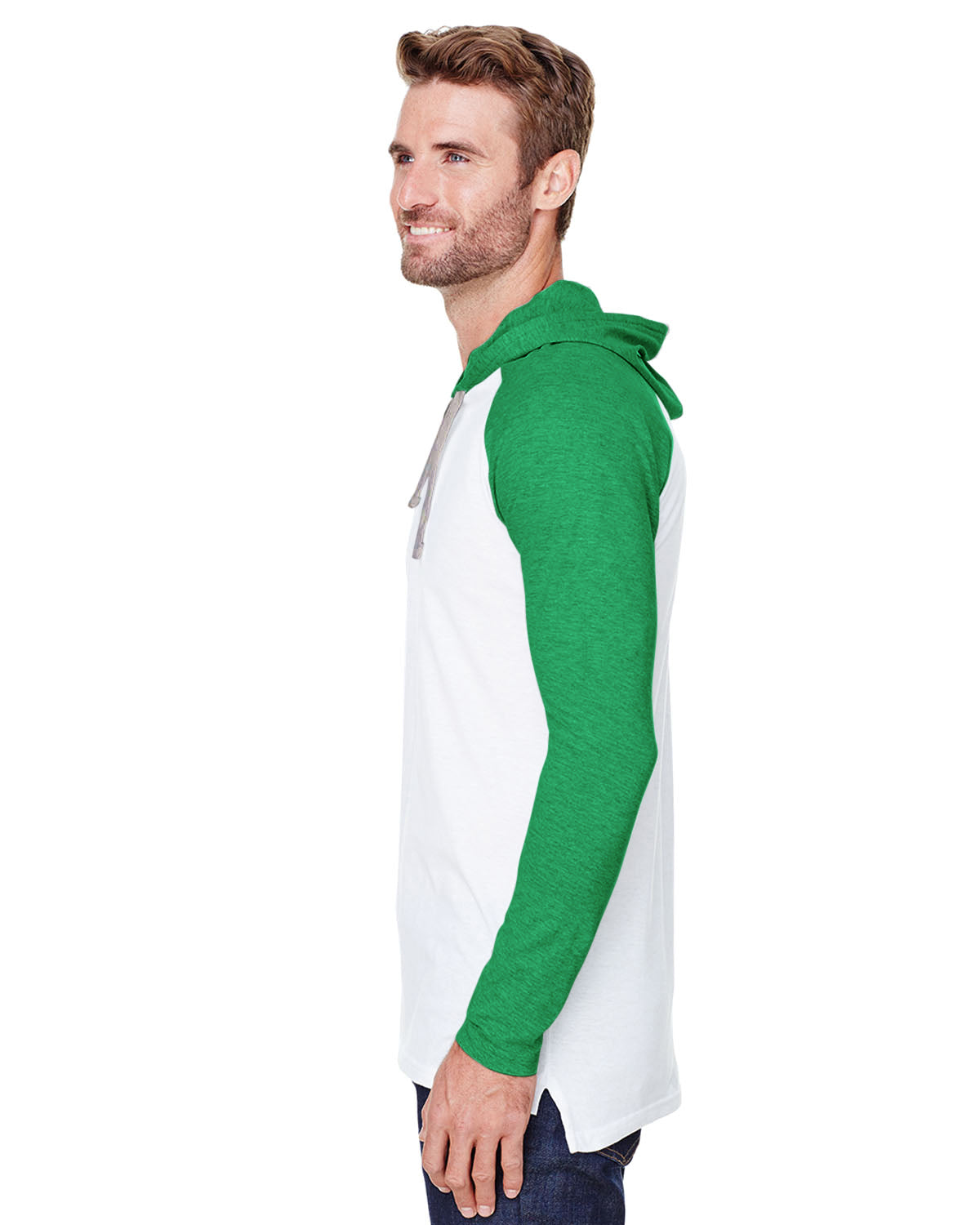 Men's Hooded Raglan Long Sleeve Fine Jersey T-Shirt - B White / Vintage Green/ Ttn