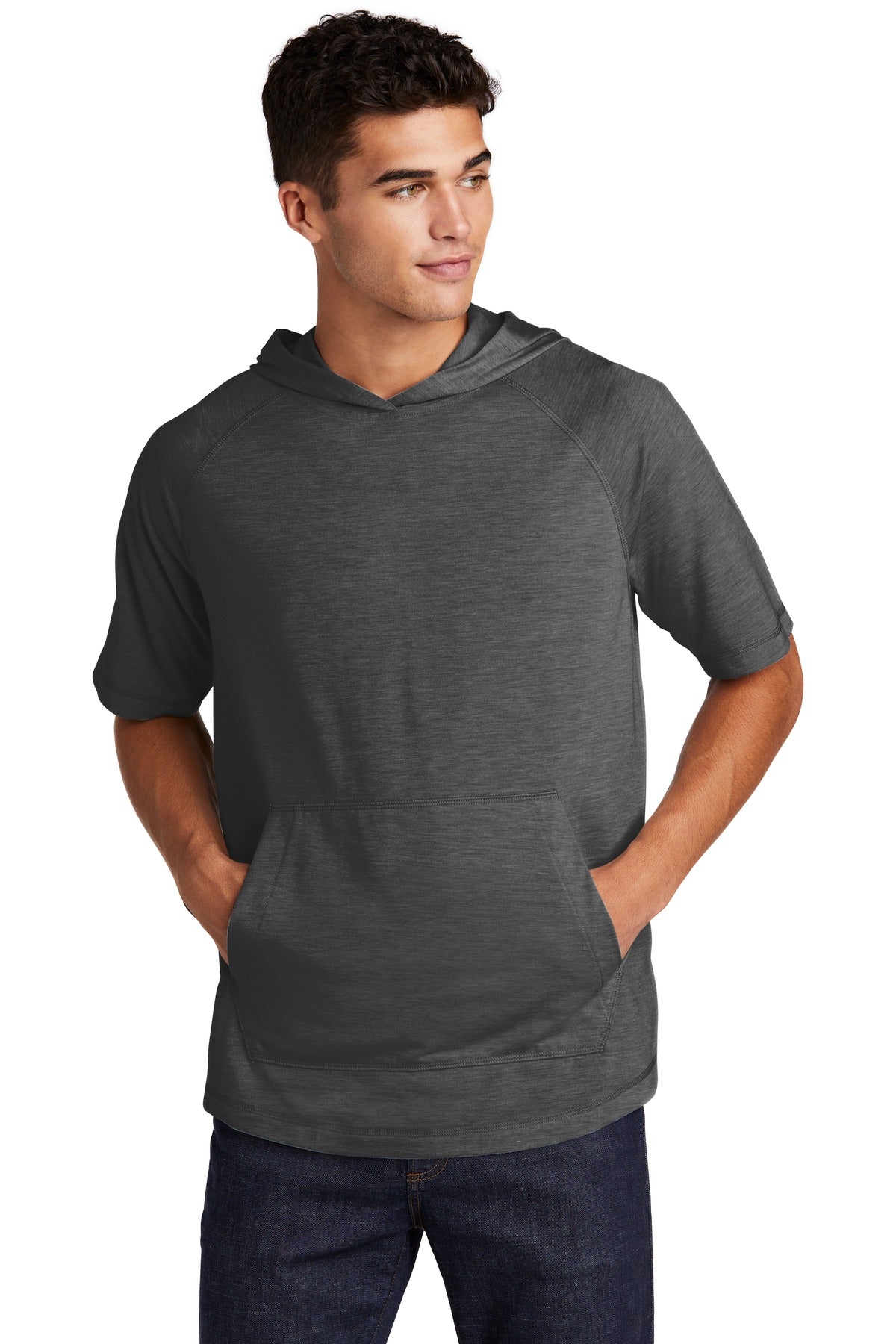 Unisex PosiCharge Tri-Blend Wicking Short Sleeve Hoodie - Dark Gray Heather