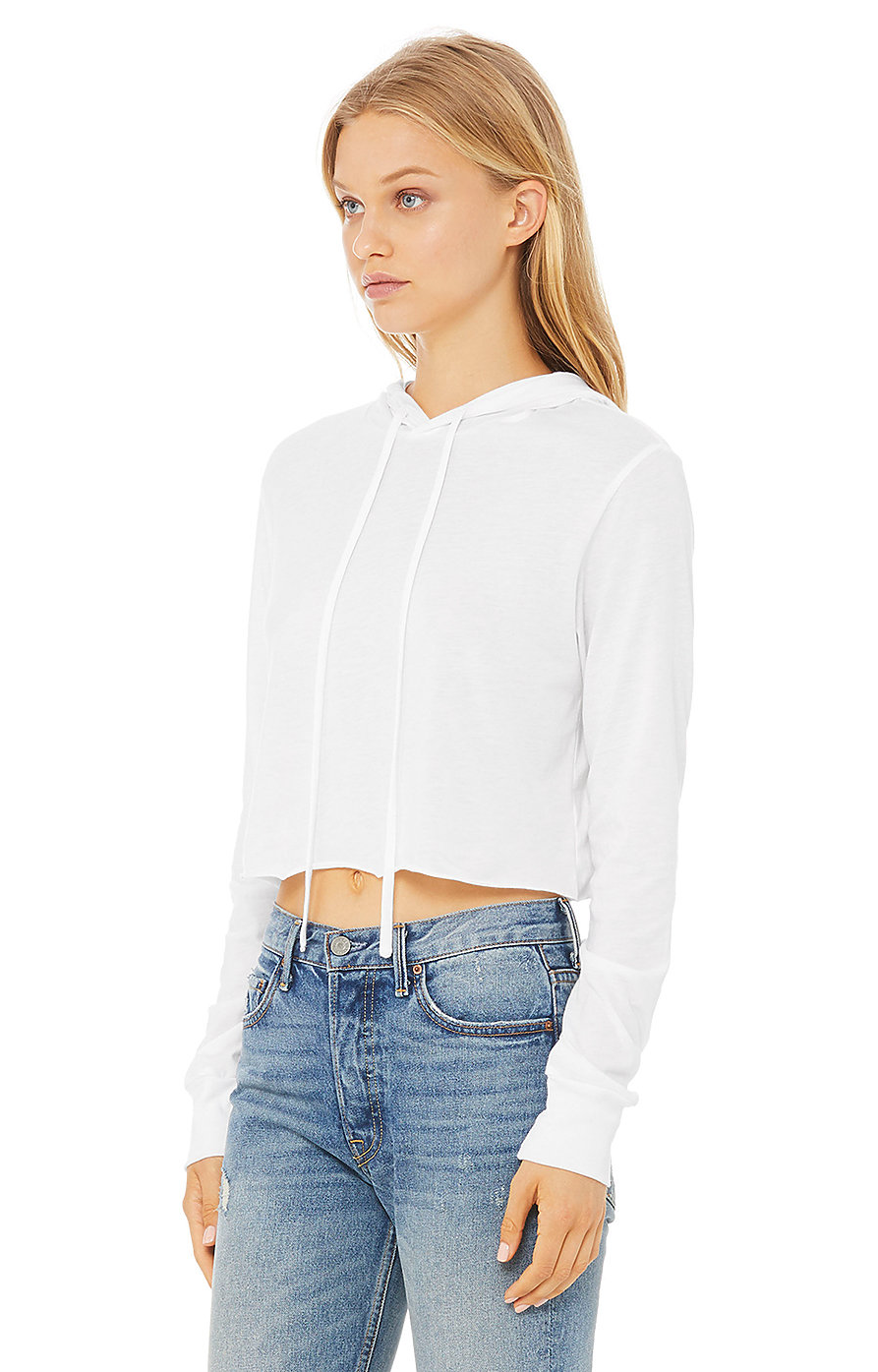 Women's Cropped Long Sleeve Hooded T-Shirt - Solid White Triblend
